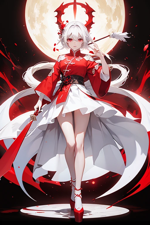white hair,red eyes,white clothes red clothes,Short skirt,High heel,The body is surrounded by a white Chinese dragon。Long knife in hand,Standing posture,for the audience。
