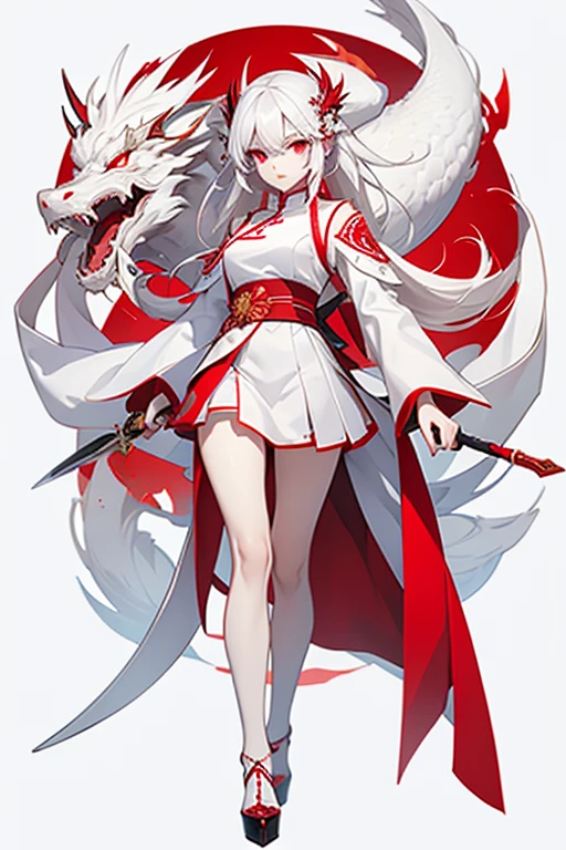 white hair,red eyes,white clothes red clothes,Short skirt,High heel,The body is surrounded by a white Chinese dragon。Long knife in hand,Standing posture,for the audience。