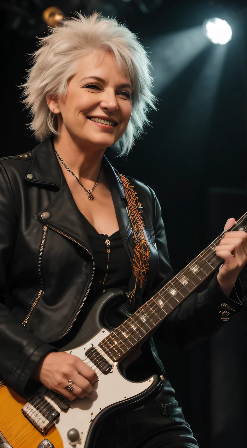50mm lens,f/4,DSLR--seed1245,wild smile,Rock star,punk style, a white-haired old lady,looking at camera,film stock photograph,Full body view,Playing rock music, holding electric guitar,Wild pose, standing on the stage, stage lights shining below,rich colors,Warm orange color lighting,Dark environment, lights illuminate the old woman,super cool,There is a faint smoke behind