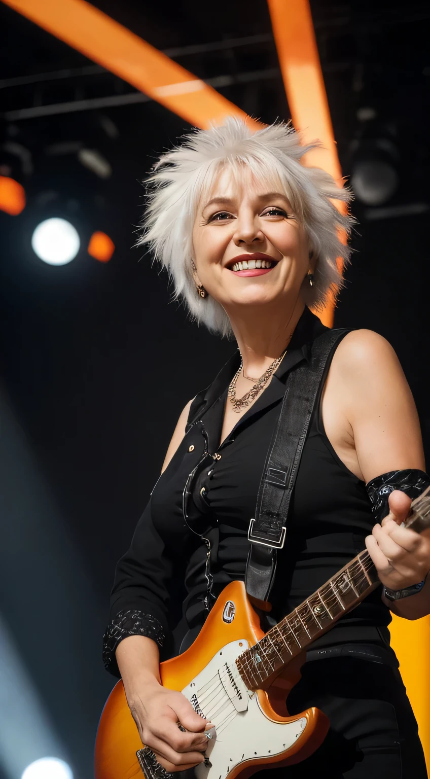 50mm lens,f/4,DSLR--seed1245,wild smile,Rock star,punk style, a white-haired old lady,looking at camera,film stock photograph,Full body view,Playing rock music, holding electric guitar,Wild pose, standing on the stage, stage lights shining below,rich colors,Warm orange color lighting,Dark environment, lights illuminate the old woman,super cool,There is a faint smoke behind，