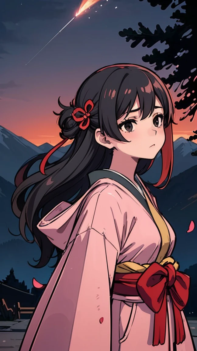 (best quality, masterpiece),(1 girl, shrine maiden, coat, expression face, black eyes, Look ahead ,black hair, walk, Upper body), (wandering sky at night, Huge old tree behind it, Glowing pink petals falling behind you, The shrine in the back, mountain background, blow dry, meteor cloud)