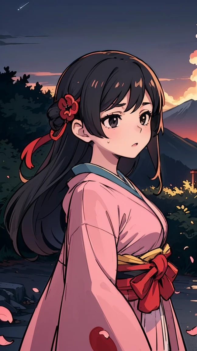 (best quality, masterpiece),(1 girl, shrine maiden, coat, expression face, black eyes, Look ahead ,black hair, walk, Upper body), (wandering sky at night, Huge old tree behind it, Glowing pink petals falling behind you, The shrine in the back, mountain background, blow dry, meteor cloud)