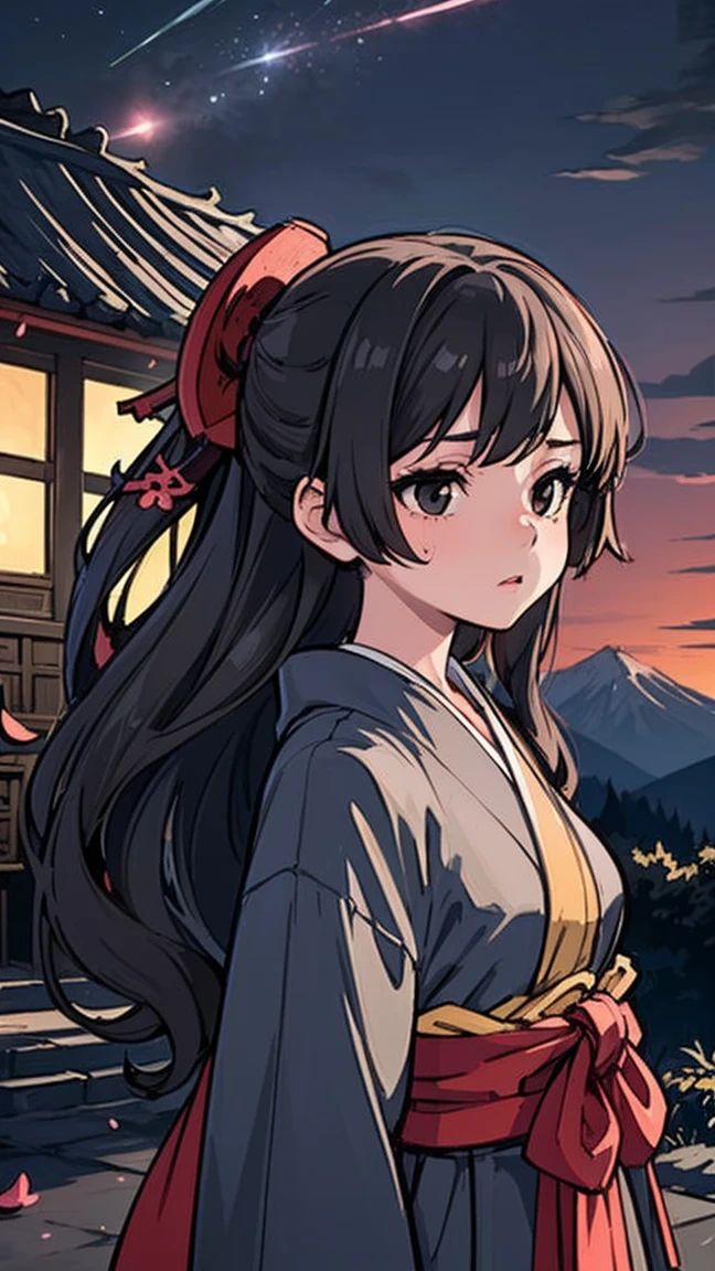 (best quality, masterpiece),(1 girl, shrine maiden, coat, expression face, black eyes, Look ahead ,black hair, walk, Upper body), (wandering sky at night, Huge old tree behind it, Glowing pink petals falling behind you, The shrine in the back, mountain background, blow dry, meteor cloud)