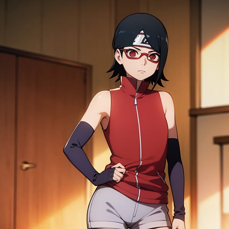 1 garota,de baixo, standing, Sarada Uchiha, Copos,Coxas pretas,arm warmers, potector de testa, shorts, cabelo curto, peito pequeno, olhos pretos, quadris pequenos, bunda pequena, captura de tela de anime