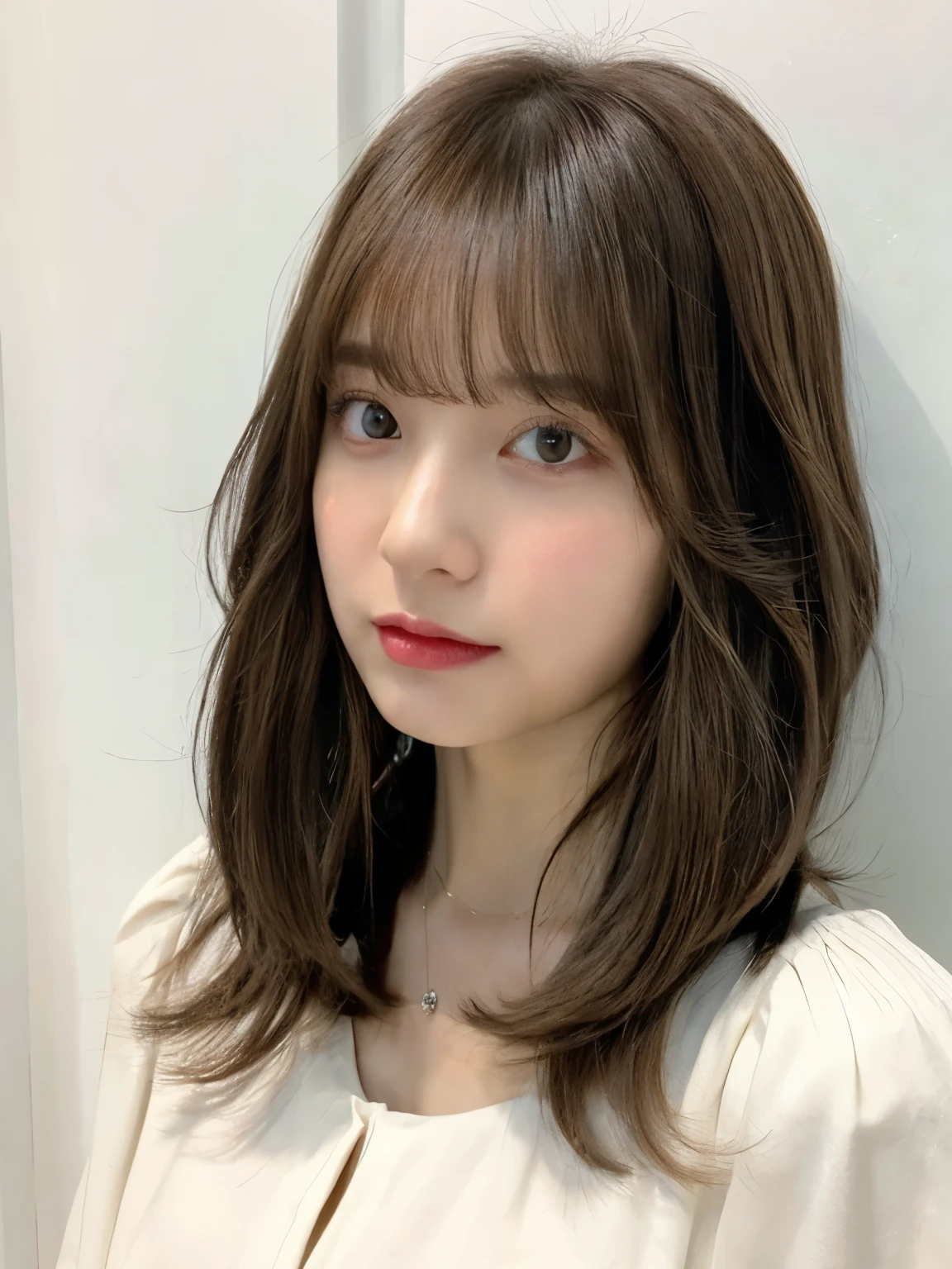 a close up of a woman with a white shirt and a brown hair, shoulder length hair, shoulder - length hair, Hair of medium length, curtain bangs, middle length hair, with short hair, princess cut, shoulder length hair, 白princess cutの髪型, Korean symmetrical face, short~medium hair, shoulder - length, neat hair with bangs、white wall、Taken in front of the white door、((窓のあるwhite wallの部屋))、Versatile poses、simple necklace、layer cut、Don't look at the camera