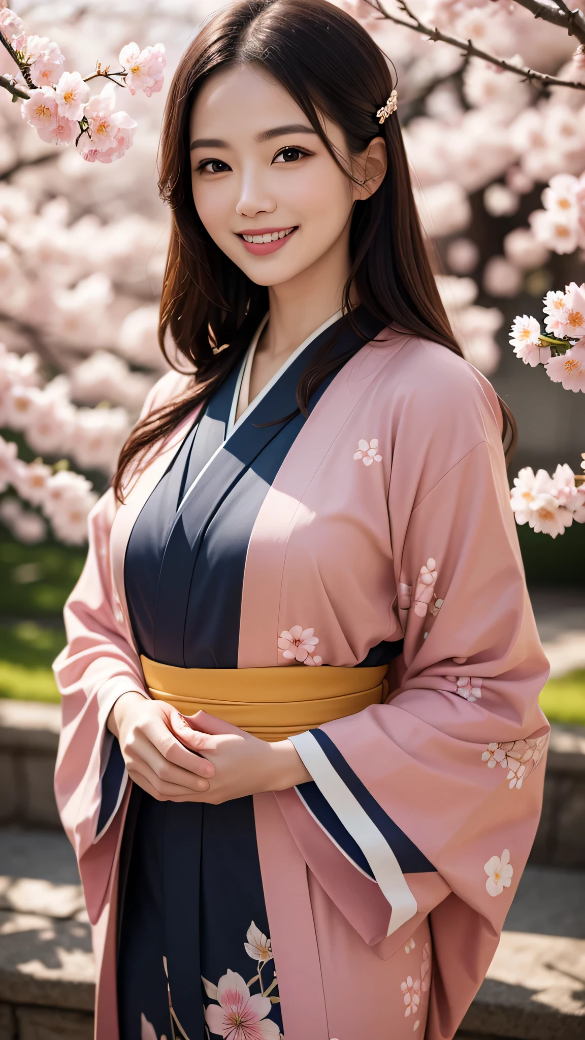 1woman, (Ultra realistic, high res), (floral pattern kimono:1.2), upper body, caute smile, (best quality:1.4), Raw photo, (realistic, photo-realistic:1.37), professional photography, cinematic light, castle, cherry blossoms,