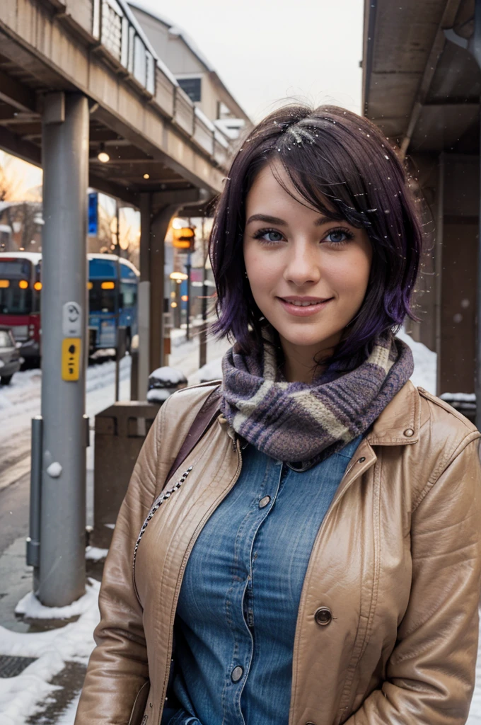 "A photorealistic portrait of a 25-year-old American girl with short purple hair and blue eyes, Wearing sunglasses, huge breasts, blue jeans, brown leather jacket, scarf, ear muffs. She should have a big smile and be illuminated by soft lighting with a sunset, its snowing outside. The background should be and urban bus station outdoor. Capture this image with a high-resolution photograph using an 85mm lens for a flattering perspective."