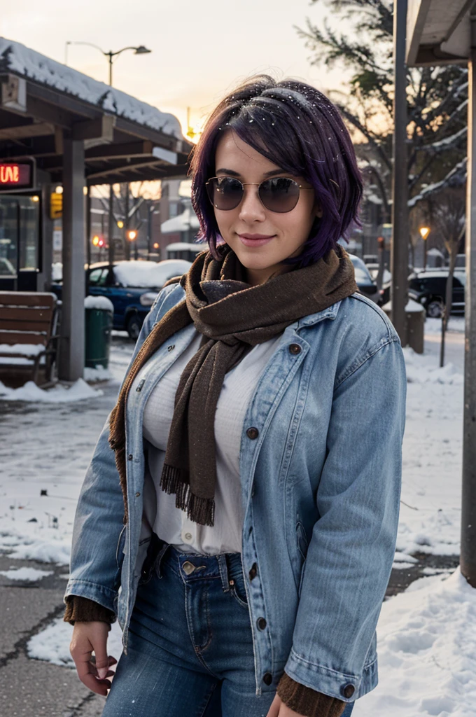 "A photorealistic portrait of a 25-year-old American girl with short purple hair and blue eyes, Wearing sunglasses, huge breasts, blue jeans, brown leather jacket, scarf, ear muffs. She should have a big smile and be illuminated by soft lighting with a sunset, its snowing outside. The background should be and urban bus station outdoor. Capture this image with a high-resolution photograph using an 85mm lens for a flattering perspective."