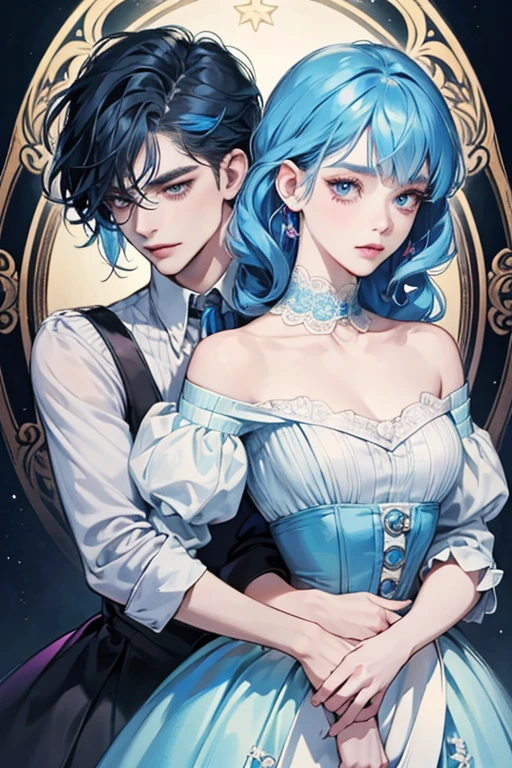 Gwen has the appearance of a pale young woman of medium stature. Her hair is blue and curled up in two long ringlets that are decorated with dark blue ribbons. On her neck and arms she has magical blue marks resembling the stitches of a doll in the same way when she was a normal doll. Her eyes have cross shaped pupils, resembling buttons, with the one on the left being blue and the one on the right being pink.
Gwen typically dresses In a white dress with a black rim and blue chest, decorated with golden details.