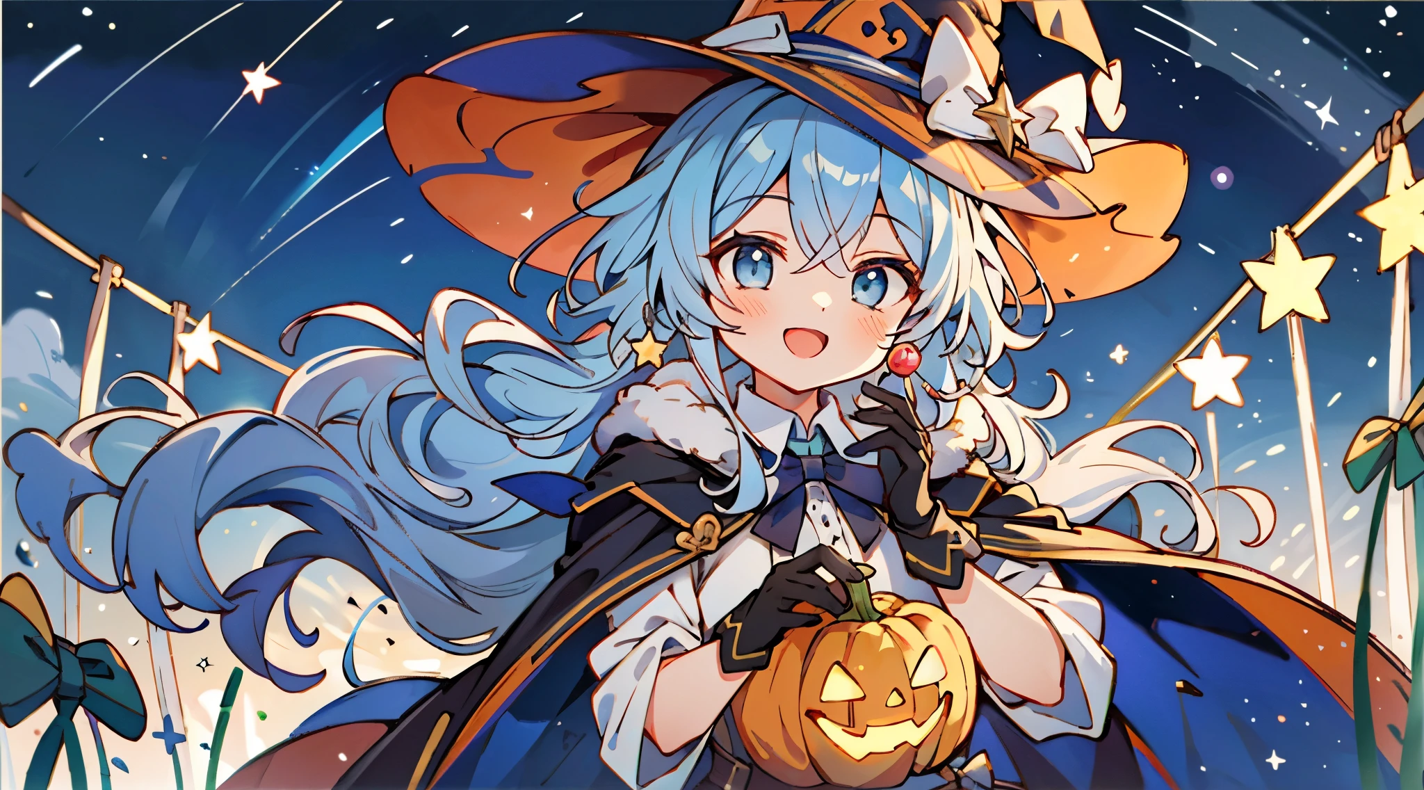 ((masterpiece:1.2, best quality)), 1girl, solo, (witch hat), a close up of a girl with curly hair, dress, aurora, night, star (sky), gloves, sky, dress, night sky, open mouth, starry sky, light blue eyes, ribbons, smile, cape, colorful hair, magic, casting spell, night, (impressionism:1.4), alphonse mucha, Halloween colors, colorful candy, magical lights, pumpkins, candies