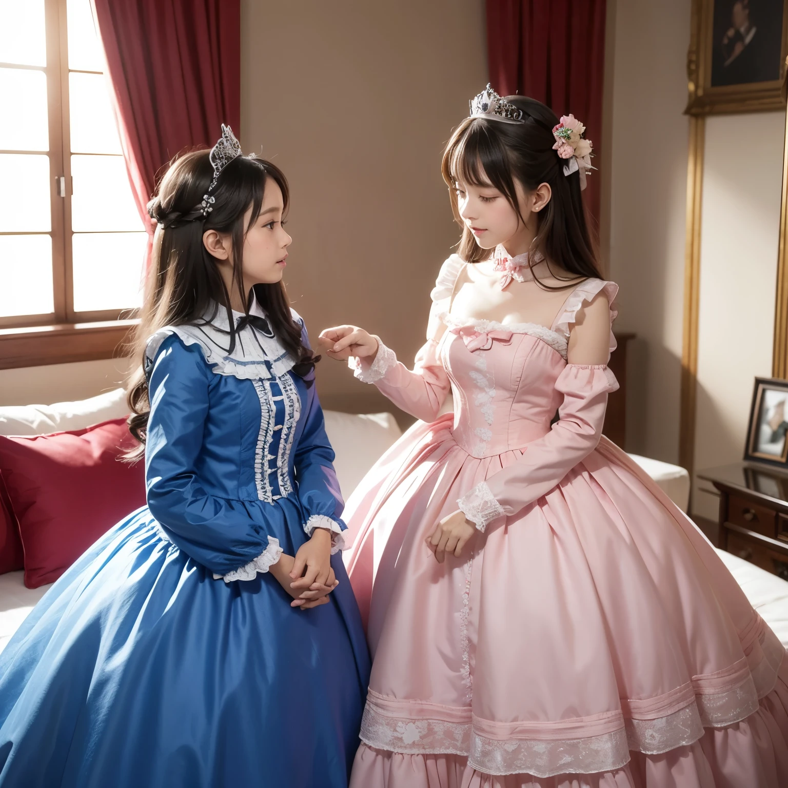 highest quality, masterpiece, highest resolution, artwork, super それにget used to it, many get used to it, get used to it, それにget used to it, woman, 10 years old,the two girls are princesses,pink victorian voluminous ball gown dress,long sleeve,long dress,A dress with lots of frills and ribbons..,luxury,Tzu-kiss,inside the palace bedroom,