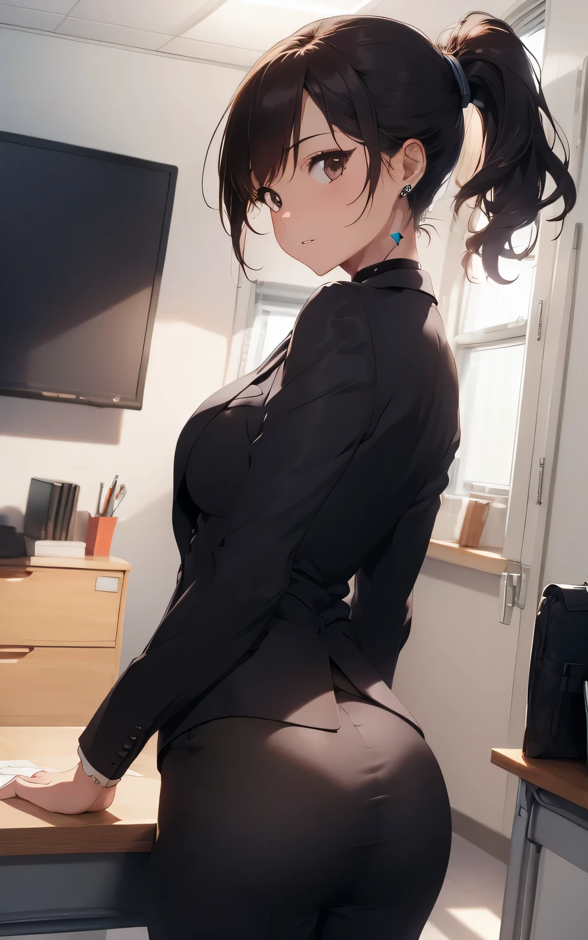 ((put one's hand on the desk:1.4, leaning forward , :1.3, stick out one's :1.3)), ( poseasterpiece), (best quality), (intricate detailed), (Hyperrealistic), absurd res, perspective, highly detailed, detailed background, illustration, 1girl, perfect hands, detailed fingers, beautiful detailed eyes, perfect eyes,  eyes, (medium ), , mature woman, brown eyes, CEO, (business outfit:1.2), pants suit, suit jacket, black choker, earrings, a woman in the office room, a white wall, (), high ponytail
