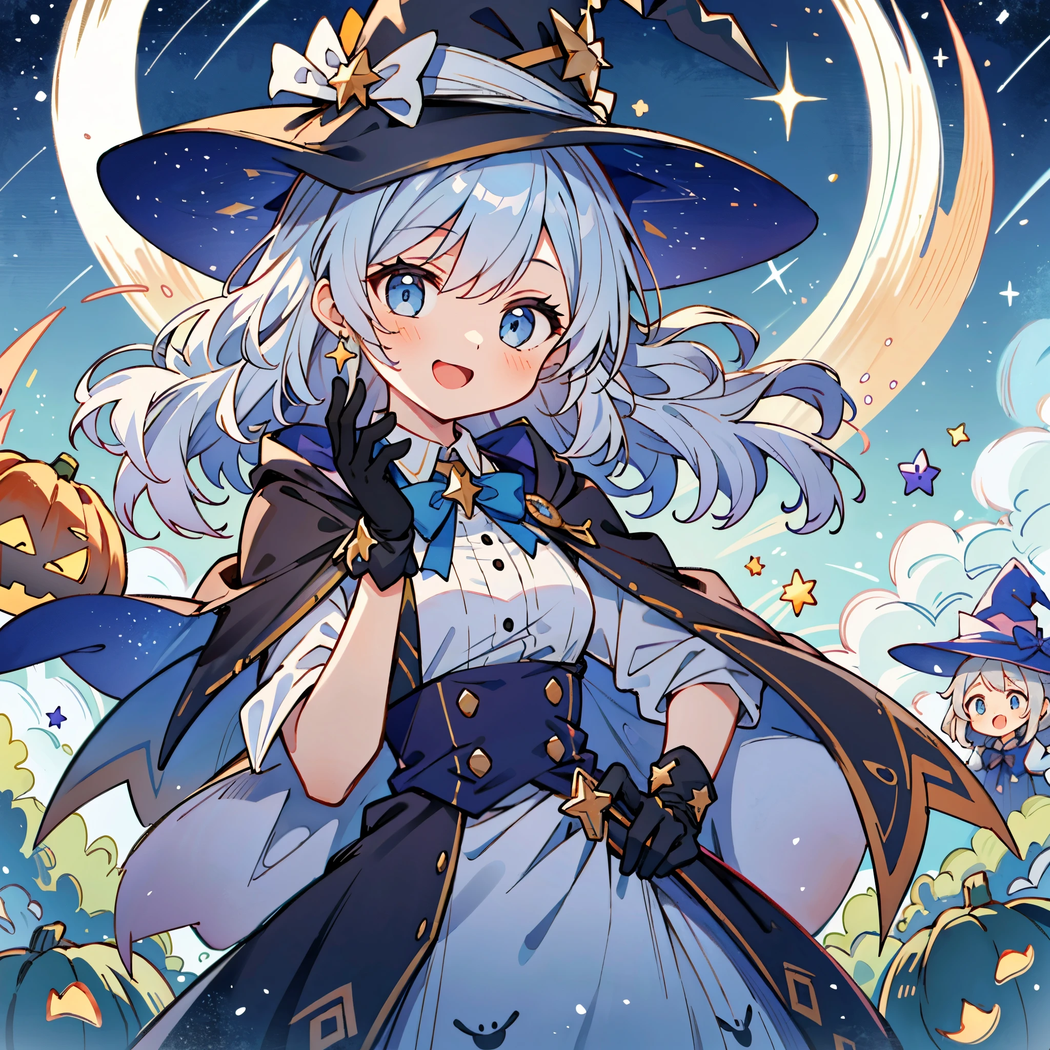 ((masterpiece:1.2, best quality)), 2girls, (witch hat), a close up of a girl with curly hair, dress, aurora, night, star (sky), gloves, sky, dress, night sky, open mouth, starry sky, light blue eyes, ribbons, smile, cape, colorful hair, magic, casting spell, night, (impressionism:1.4), alphonse mucha, Halloween colors, colorful candy, magical lights, pumpkins, candies