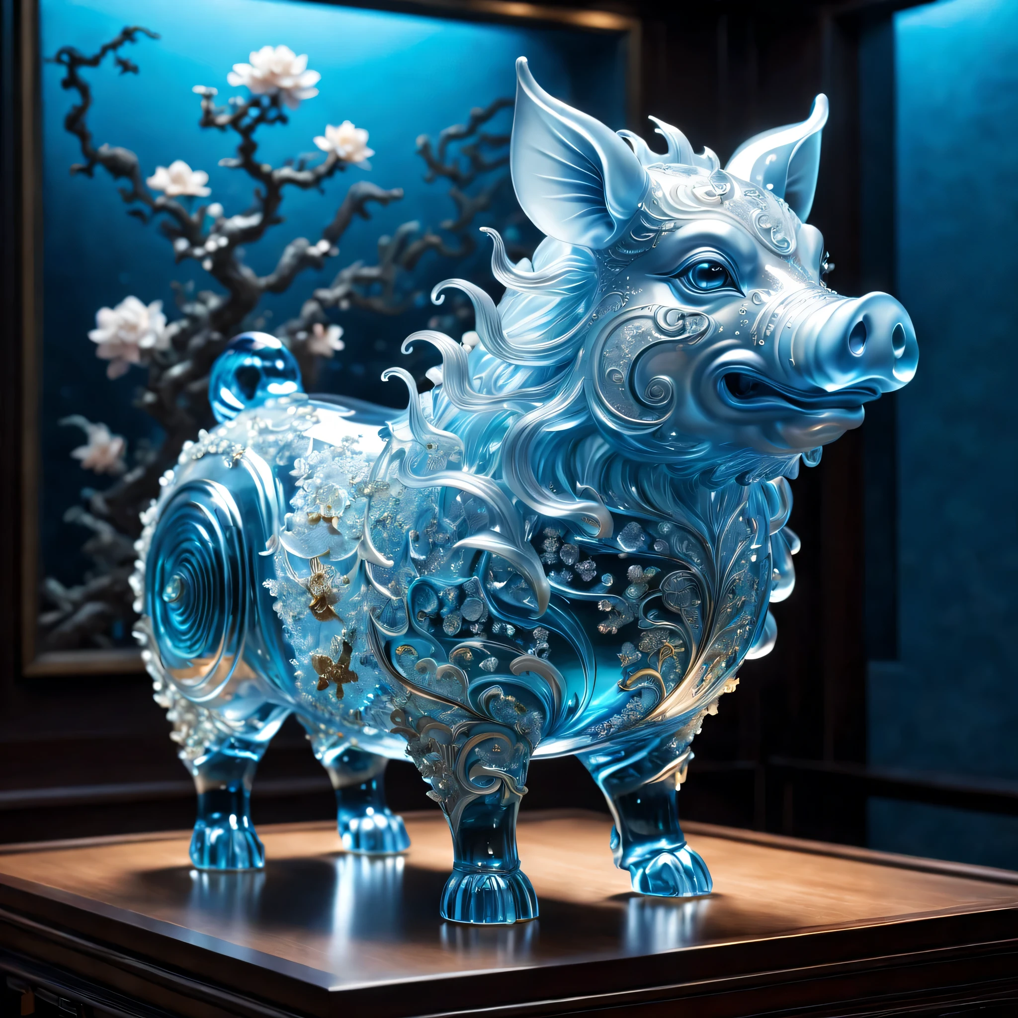 A dragon pig is displayed in an empty room, RococoStyle, Crystal nuclei, Realistic light depiction, interesting and complex, light blue, hidden academia, World pattern,The body of the vase is illuminated by light, RococoStyle, futuristic elements, Crystal nuclei, Chinese iconography, swirl, light blue, giant money sculpture, Futuristic fantasy style, light blue, An intricate underwater world, Realistic light depiction, clear colors, Crystal nuclei, Light cyan and white, An intricate underwater world风格, Crystal nuclei, chinapunk, swirl, light blue, Glowing portrait, light box,(best quality,4K,8k,high resolution,masterpiece:1.2),super detailed,(actual,realistically,lifelike:1.37),extremely detailed glass vase，There&#39;pig on top,super detailedscp神器可以,Complex and gorgeous anime CGI style,Exquisite renderings of the Tang Dynasty,Better than Paul and James Ginn,complex artwork. Guilty car rendering,Complex 8K rendering,8k vray rendering,rendering art,filled with glass. Computer Graphics Association,High quality rendering