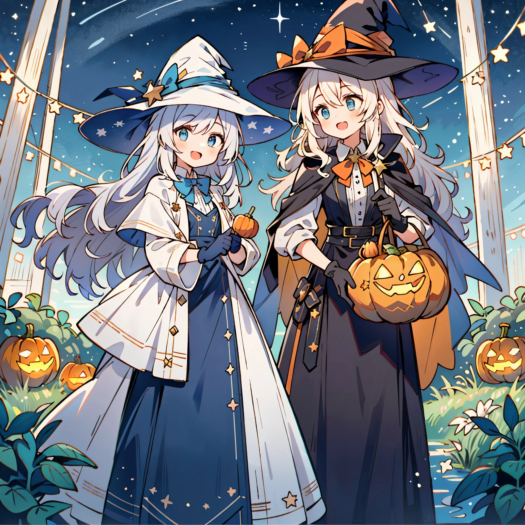 ((masterpiece:1.2, best quality)), 2girls, (witch hat), a close up of a girl with curly hair, dress, aurora, night, star (sky), gloves, sky, dress, night sky, open mouth, starry sky, light blue eyes, ribbons, smile, cape, colorful hair, magic, casting spell, night, (impressionism:1.4), alphonse mucha, Halloween colors, colorful candy, magical lights, pumpkins, candies