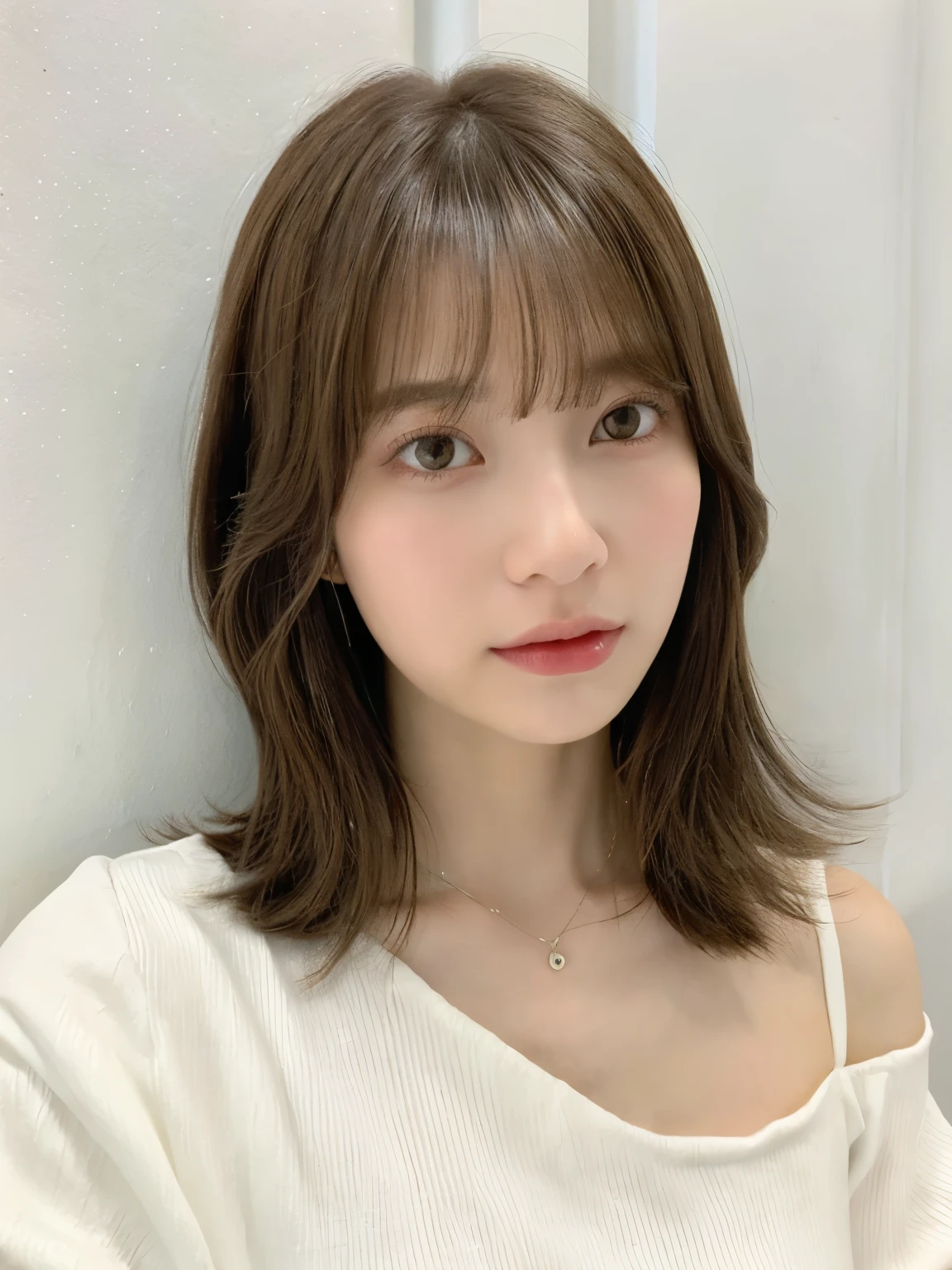 a close up of a woman with a white shirt and a brown hair, shoulder length hair, shoulder - length hair, Hair of medium length, curtain bangs, middle length hair, with short hair, princess cut, shoulder length hair, 白princess cutの髪型, Korean symmetrical face, short～medium hair, shoulder - length, neat hair with bangs、white wall、Taken in front of the white door、((窓のあるwhite wallの部屋))、Versatile poses、simple necklace、layer cut、Don't look at the camera