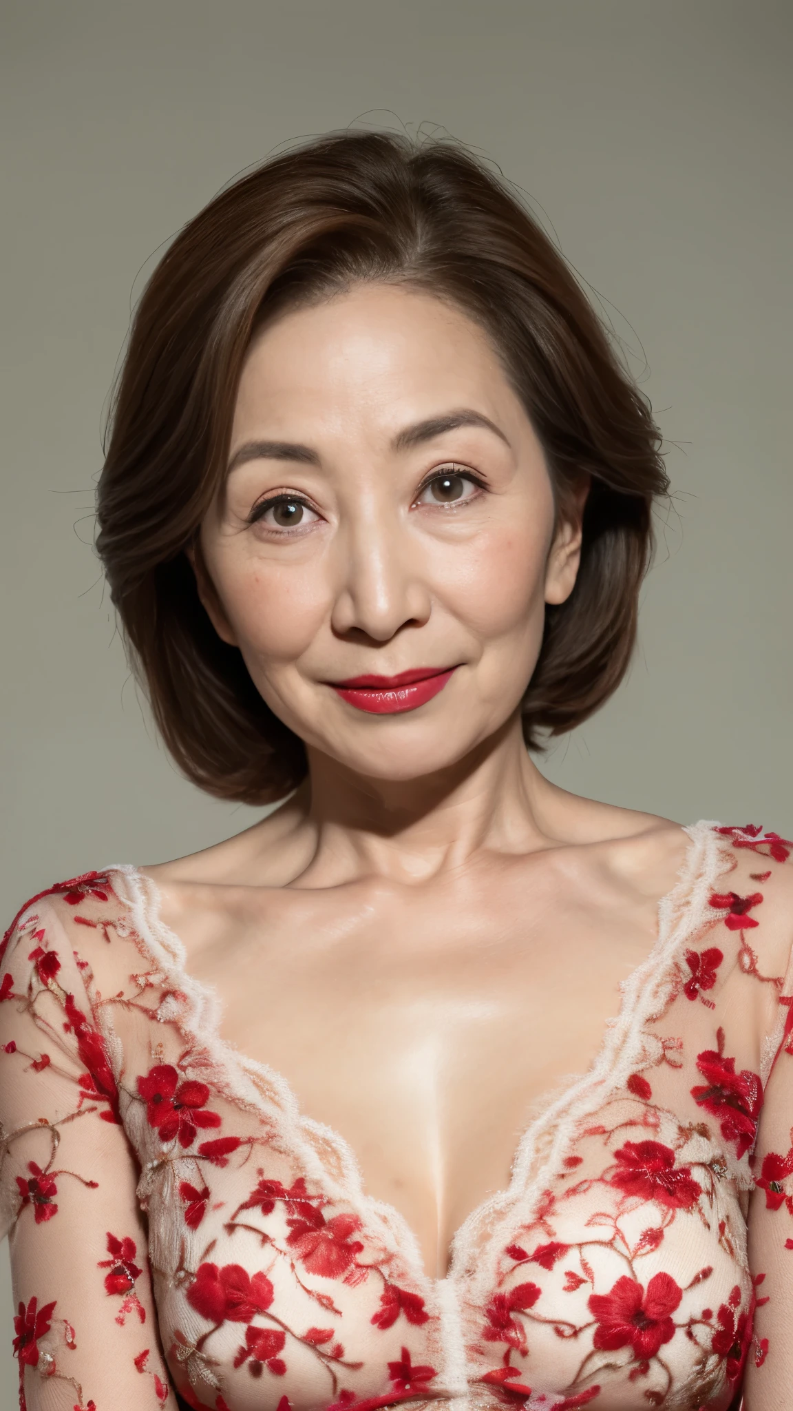 Remove the background, gravure, describe the lips correctly, red lipstick, from the chest up, elderly AV actress, highest quality, super detailed, realistic, super dense skin, perfect anatomy, (1 Japanese mature woman), (alone), 95 years old, big breasts, Bewitching, Glamour, Sexy, pure white skin, looking at the viewer