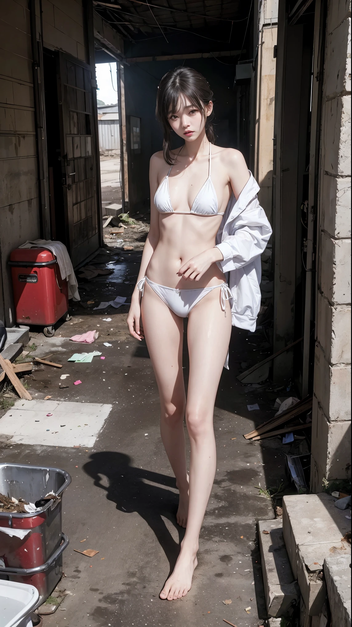 masterpiece,Photorealistic,Abandoned men's toilet scene,Dirty 6:1,Dilapidated,Garbage all over the ground,Stinks to heaven,Disgusting,disgusting,Destroyed,random accumulation of debris,The ground is a mess,pee stain, Sweat, sewage, splash,肮脏的地面已经Dilapidated,Very beautiful 25 year old tall slim Korean girl,The sad face of the homeless, sad expression of despair,Sexually harassed by 3 men,White sexy bikini ripped and exposed ,Very nice thin legs,barefoot,Random whole body exposure,extreme exhibitionist,(((Random exposure of whole body)))