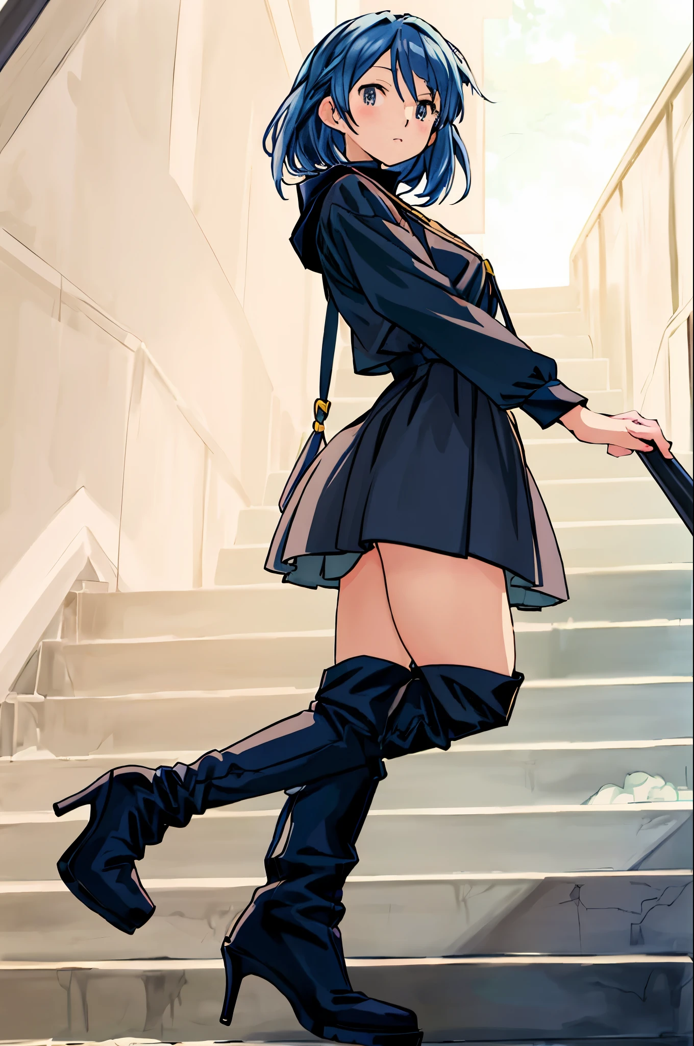 (best quality,highres,masterpiece:1.2),ultra-detailed,realistic:1.37,cute anime girl,anime illustrations,black dress,high-heeled boots,cute face expression,short skirt,stairs,anime-style boots,anime-inspired art, Pixiv-style anime art, Pixiv-style cute girl,cute anime visuals,yandere,anime artwork,anime character art,Dolls'Frontline inspired,cute facial expression,smooth anime CG art,anime art style,anime girl walking up stairs,long hair,large eyes,expressionless face,dark background,soft lighting,anime aesthetic,anime-style character illustration,anime girl standing