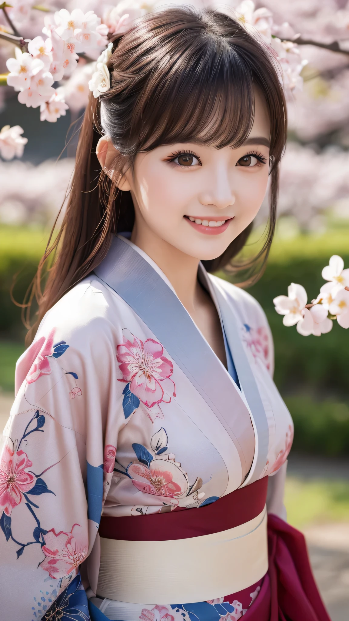 1girl, extremely cute face, Amazing face and eyes, (highly detailed eyes, highly detailed face), (floral pattern kimono:1.2), upper body, caute smile, (best quality:1.4), (Ultra realistic, high res), Raw photo, (realistic, photo-realistic:1.37), professional photography, cinematic light, castle, cherry blossoms,