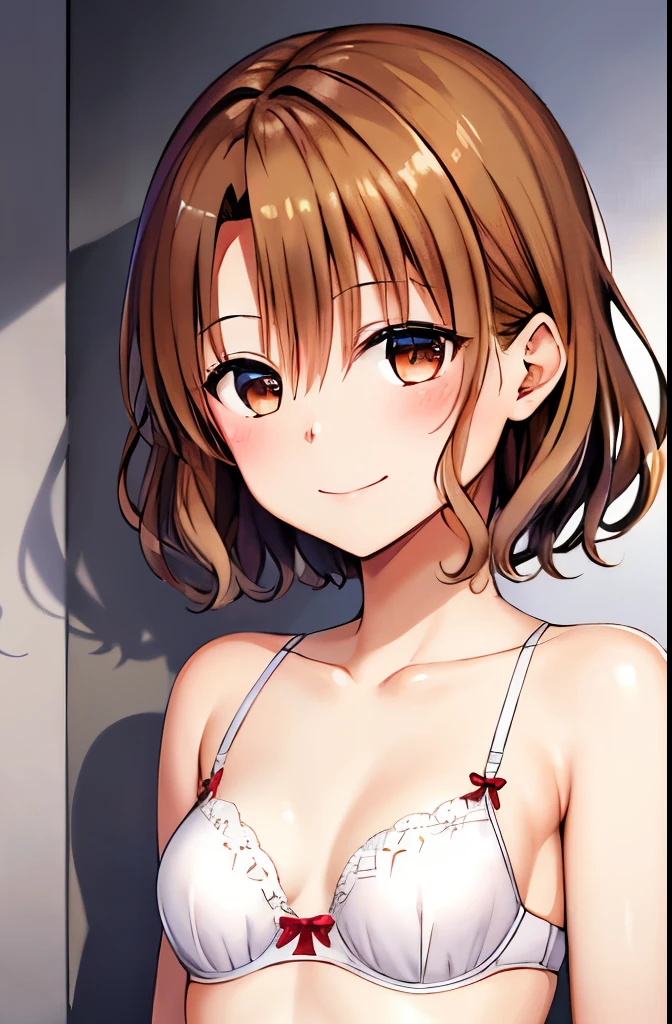 Tolove darkness,Risa Momioka, masterpiece, highest quality, High resolution, 1 girl, alone, short hair, brown hair, brown eyes, chest, clavicle, small breasts, topless, bedroom, smile, bra, panties,