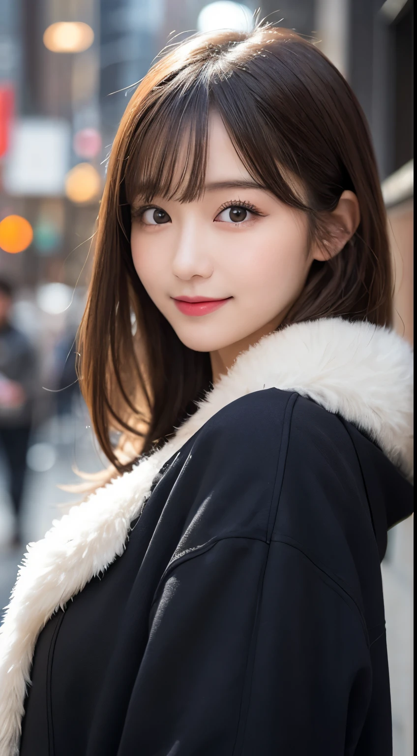 table top, highest quality, shape, Super detailed, finely, High resolution, 8k wallpaper, 完璧なダイナミックな構shape, beautiful and detailed eyes, tokyo trend冬ファッション,tokyo trend＆Introducing cute hairstyles at random, small breasts, natural color lip, random sexy pose,cute smile,big city、20 year old girl、beautiful and detailed face、perfect and beautiful face,Big eyes、Wear fluffy black outerwear with fur、beautiful detailed face、perfect and beautiful double eyelids、blur the background、perfect and beautiful face、Feminine poses、blur the background