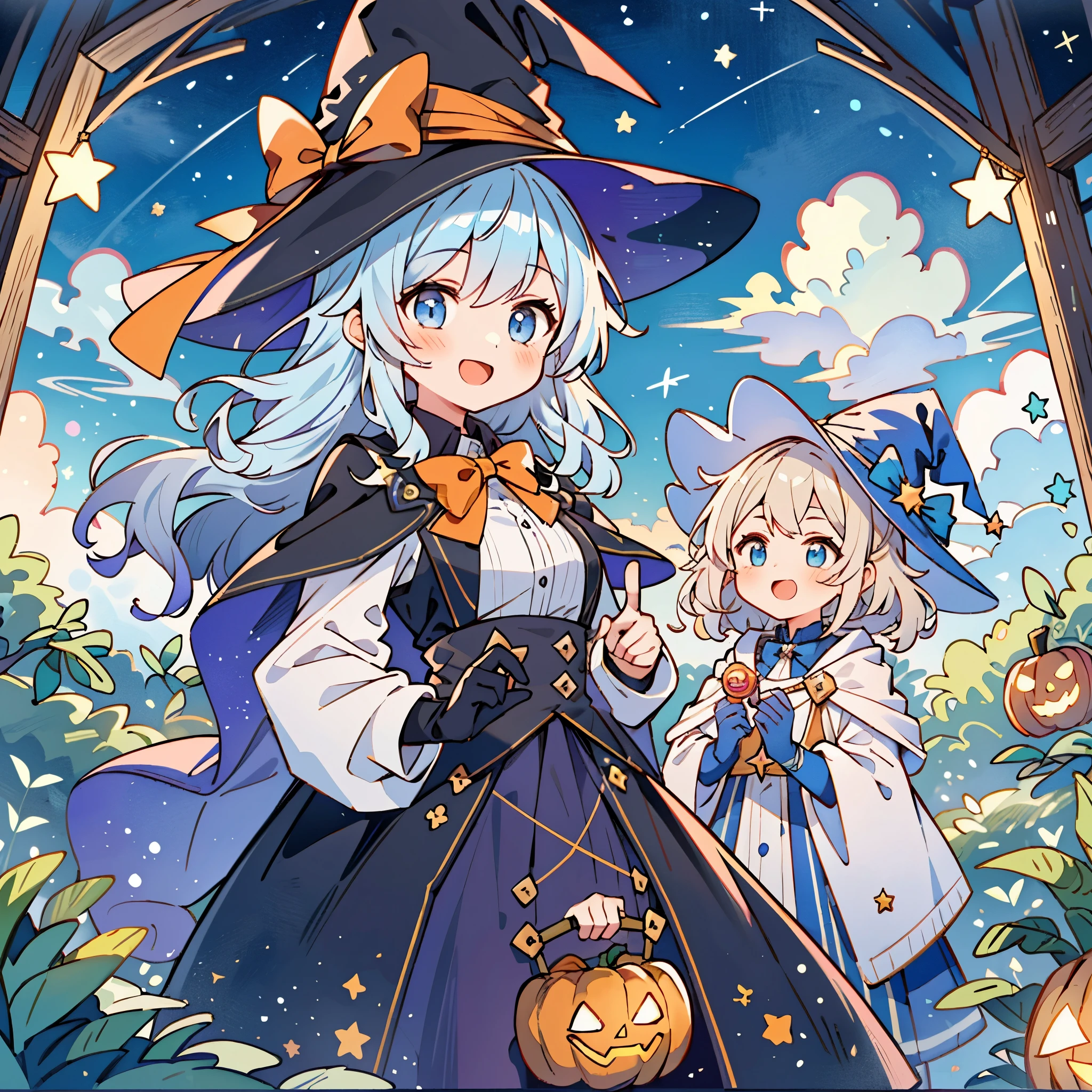 ((masterpiece:1.2, best quality)), 2girls, (witch hat), a close up of a girl with curly hair, dress, aurora, night, star (sky), gloves, sky, dress, night sky, open mouth, starry sky, light blue eyes, ribbons, smile, cape, colorful hair, magic, casting spell, night, (impressionism:1.4), alphonse mucha, Halloween colors, colorful candy, magical lights, pumpkins, candies