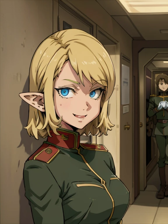 (masterpiece), ((elf)), portrait 
expressive eyes, happy face, military salute, zeon officer uniform
Spaceship corridor 
