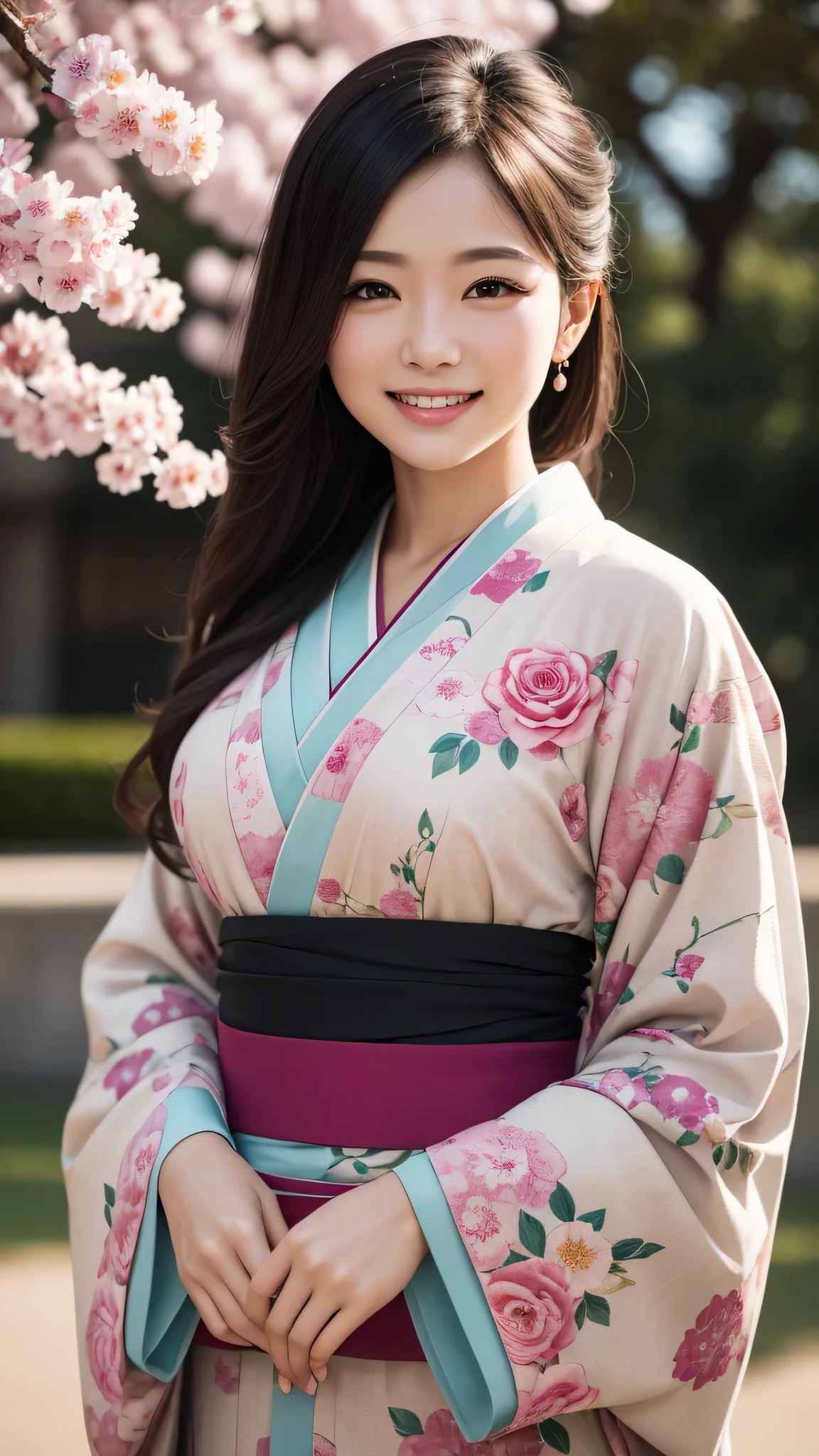 1woman, (Ultra realistic, high res), (floral pattern kimono:1.2), upper body, caute smile, (best quality:1.4), Raw photo, (realistic, photo-realistic:1.37), professional photography, cinematic light, castle, cherry blossoms,