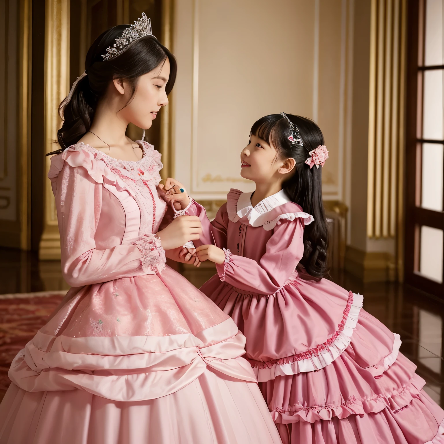 highest quality, masterpiece, highest resolution, artwork, super それにget used to it, many get used to it, get used to it, それにget used to it, woman, ,the two girls are princesses,pink victorian voluminous ball gown dress,long sleeve,long dress,A dress with lots of frills and ribbons..,luxury,Tzu-kiss,inside the palace bedroom,後ろにluxuryな天蓋ベッド,