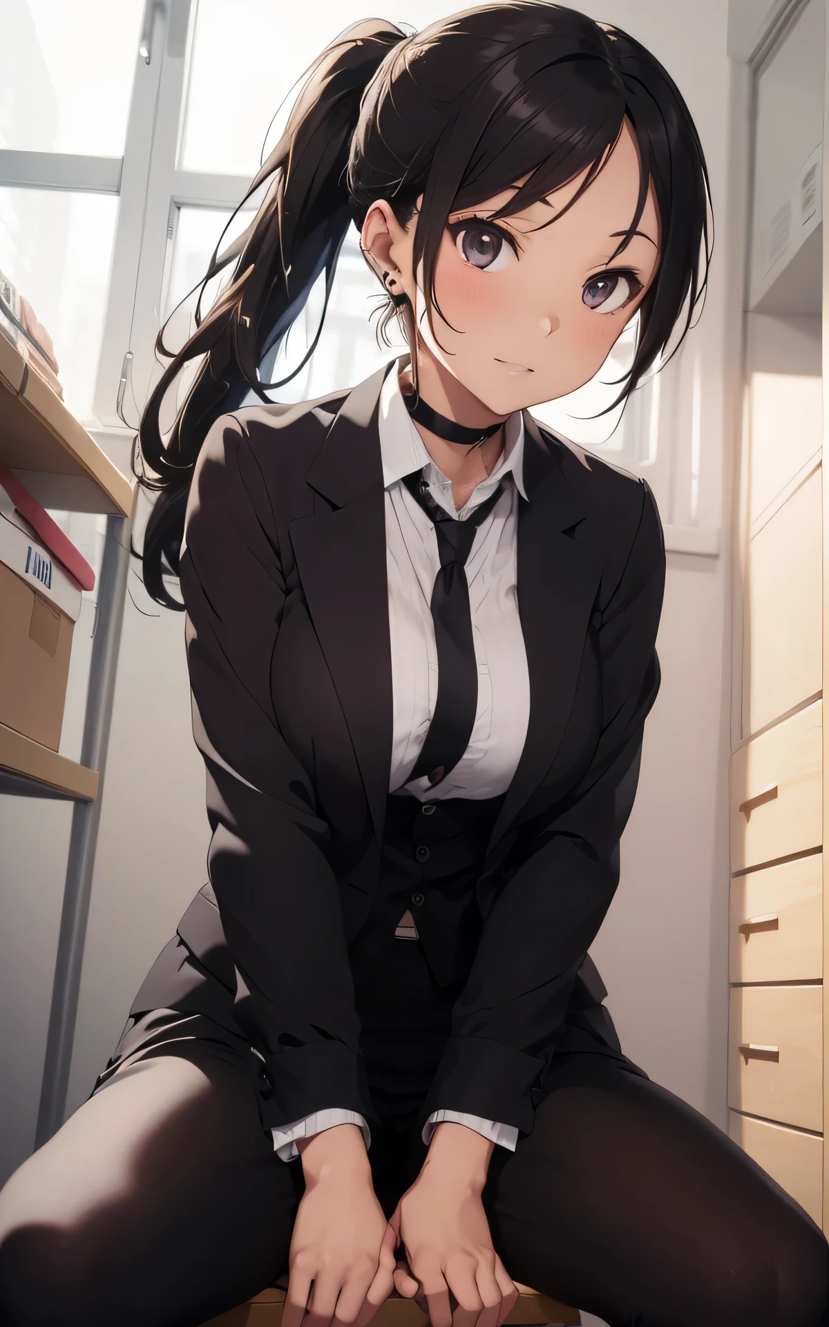 (((sit, hand between legs, spread legs:1.3)), (sexy poseasterpiece), (best quality), (intricate detailed), (Hyperrealistic), absurd res, perspective, highly detailed, detailed background, illustration, 1girl, perfect hands, detailed fingers, beautiful detailed eyes, perfect eyes, seductive eyes, (medium chest), milf, mature woman, brown eyes, CEO, (business outfit:1.2), pants suit, suit jacket, black choker, earrings, a woman in the office room, a white wall, (ecstasy), high ponytail