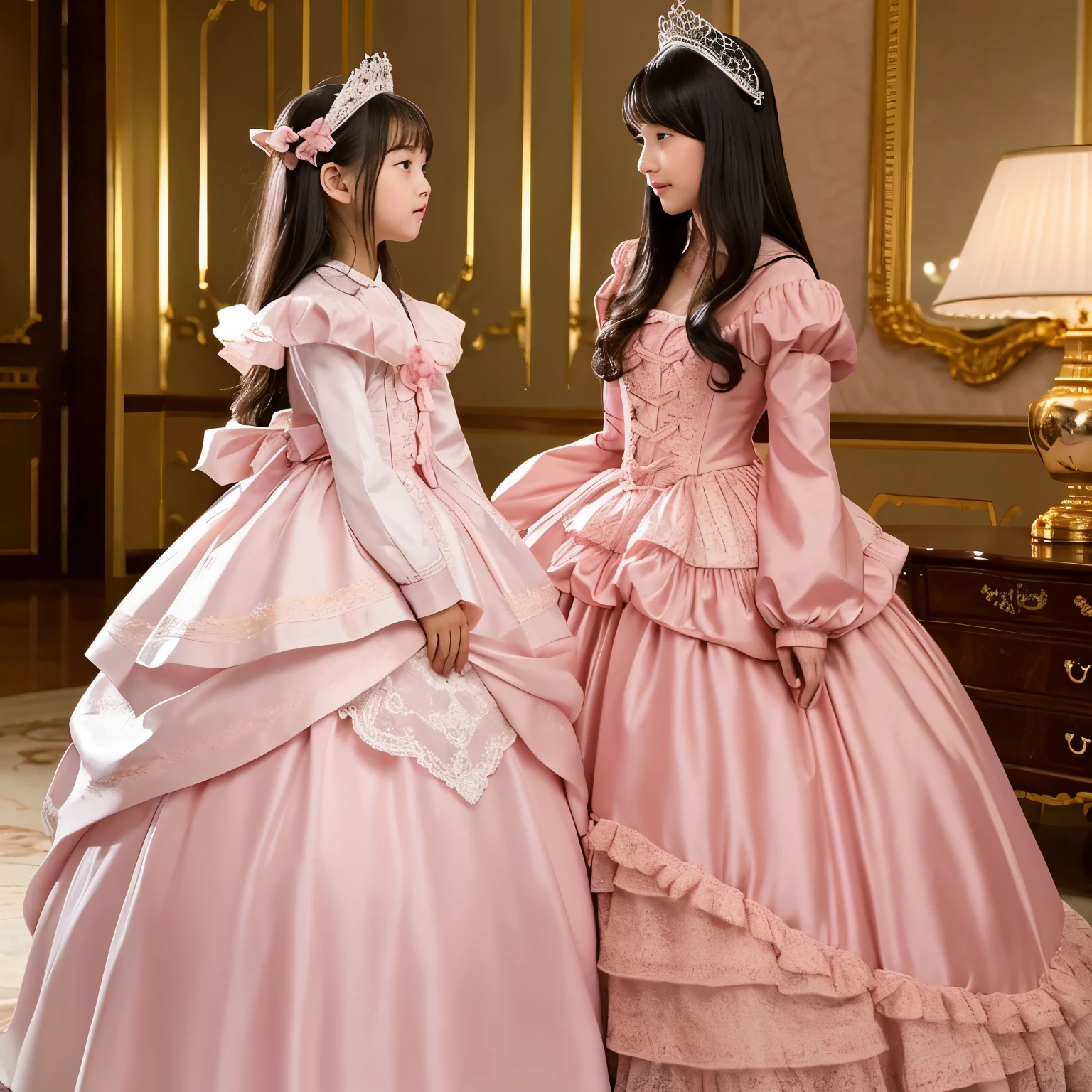 highest quality, masterpiece, highest resolution, artwork, super それにget used to it, many get used to it, get used to it, それにget used to it, woman, 10 years old,the two girls are princesses,pink victorian voluminous ball gown dress,long sleeve,long dress,A dress with lots of frills and ribbons..,luxury,Tzu-kiss,inside the palace bedroom,後ろにluxuryな天蓋ベッド,