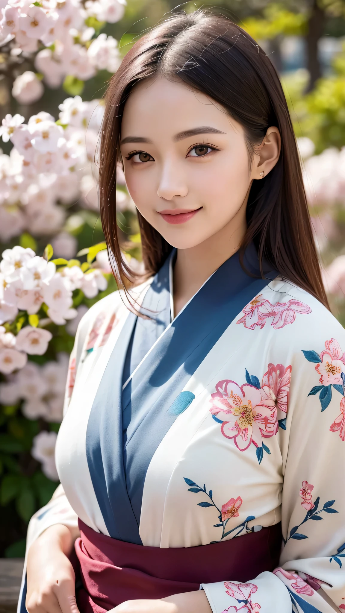 ((masterpiece、top-quality、ultra-definition、hight resolution))、独奏、a beauty girl、radiant eyes、perfect eyes、Japan's beautiful sister、Bun hair、Yukata with white floral pattern、The background is a festival、high-level image quality、4K.