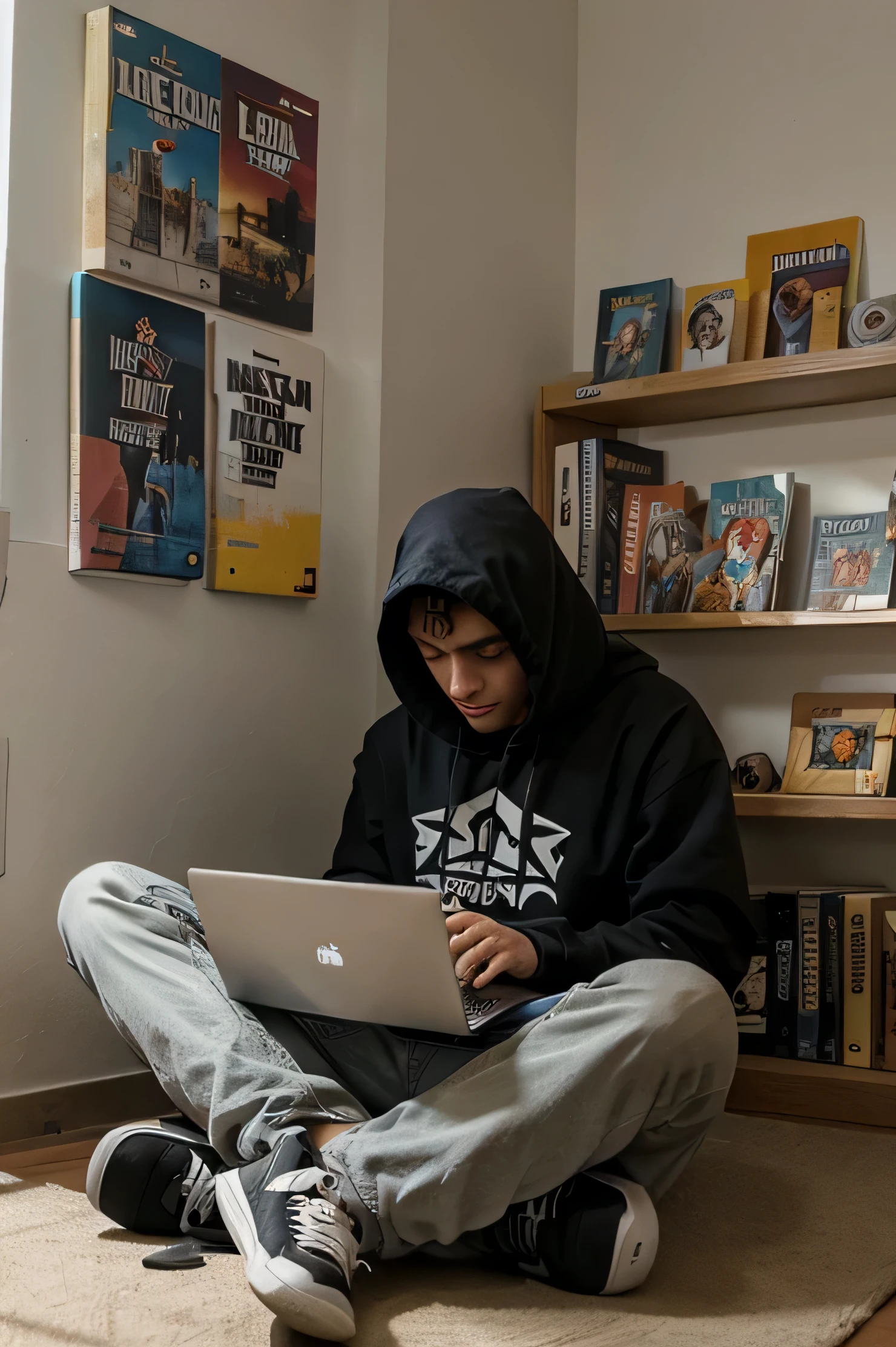 man wearing hoody ,sitting ,laptop, room, graffiti on wall, books shelf