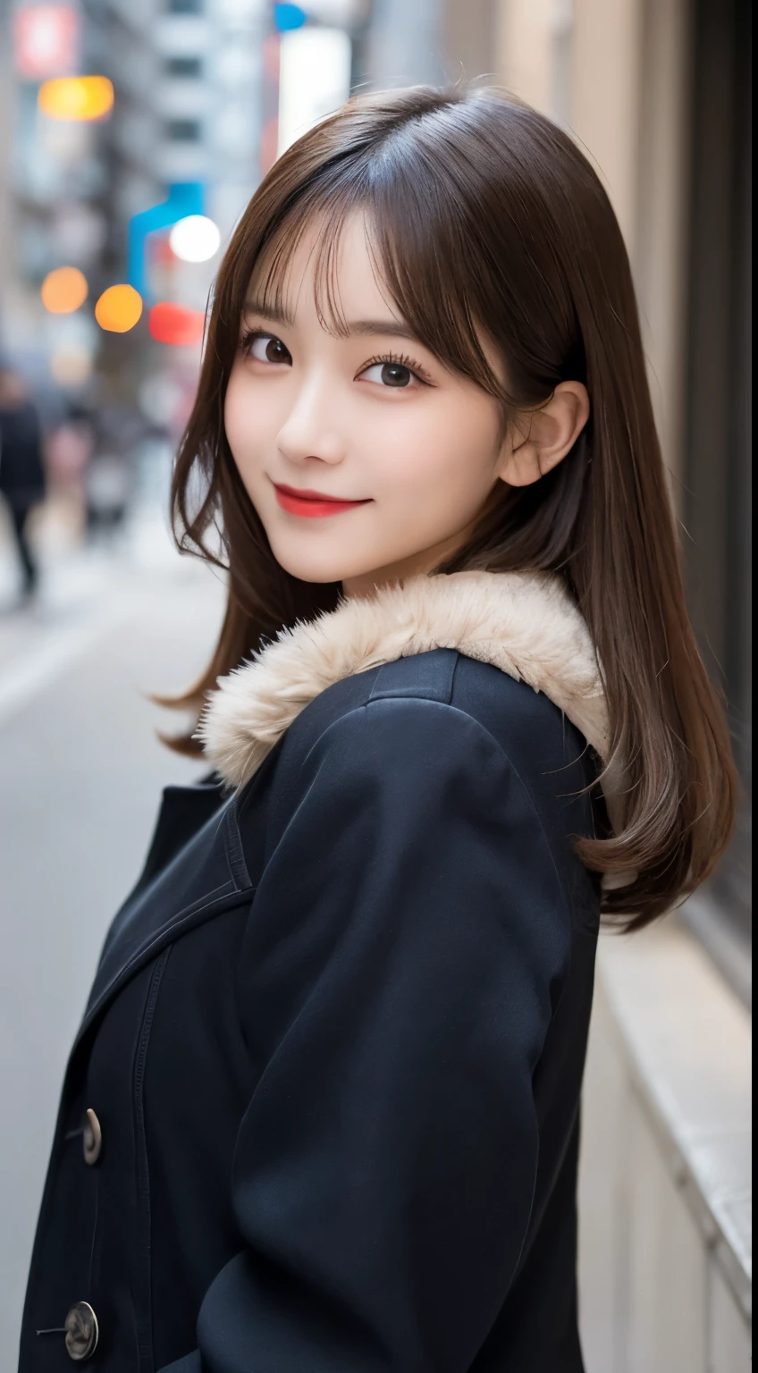 table top, highest quality, shape, Super detailed, finely, High resolution, 8k wallpaper, 完璧なダイナミックな構shape, beautiful and detailed eyes, tokyo trend冬ファッション,tokyo trend&Introducing cute hairstyles at random, small breasts, natural color lip, random sexy pose,cute smile,big city、20 year old girl、beautiful and detailed face、perfect and beautiful face,Big eyes、Wear fluffy black outerwear with fur、beautiful detailed face、perfect and beautiful double eyelids、blur the background、perfect and beautiful face、Feminine poses、blur the background