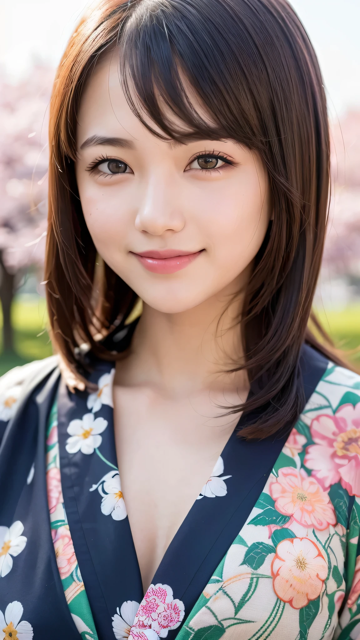 1girl, extremely cute face, Amazing face and eyes, (highly detailed eyes, highly detailed face), (floral pattern kimono:1.2), upper body, caute smile, (best quality:1.4), (Ultra realistic, high res), Raw photo, (realistic, photo-realistic:1.37), professional photography, cinematic light, castle, cherry blossoms,