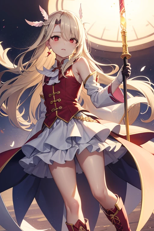 Illyasviel von Einzbern, blonde hair, hair between eyes, long hair, (red eyes:1.5),
休息 boots, Detached sleeves, earrings, feather hair accessories, feather, Gloves, hair accessories, jewelry, layered skirt, long sleeves, , miniskirt, pink footwear, pink shirt, pink sleeve, pleated skirt, shirt, skirt, sleeveless, sleeveless shirt, staff, boots, raise your legs, stamp, white feather, white Gloves, white skirt, absolute chance,Stand in the sky
(masterpiece:1.2), best quality, high resolution, unified 8k wallpaper, (illustration:0.8), (beautiful and delicate eyes:1.6), extremely detailed face, perfect lighting, Extremely detailed CG, (perfect hands, perfect anatomy),time array，Holding the lightsaber tightly，time domain，fortune god，The Supreme Power of the King，Hero King