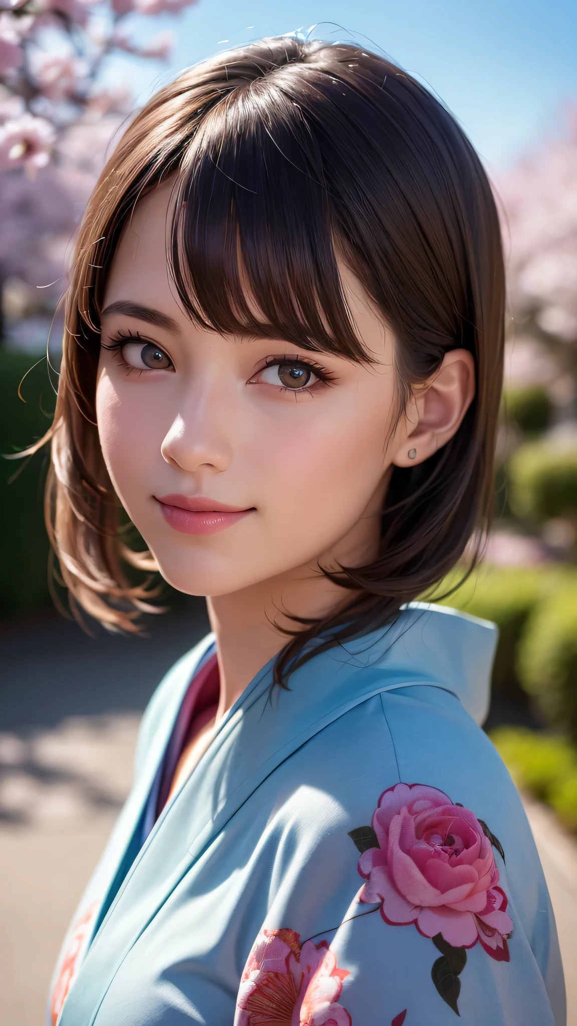 1girl, extremely cute face, Amazing face and eyes, (highly detailed eyes, highly detailed face), (floral pattern kimono:1.2), upper body, caute smile, (best quality:1.4), (Ultra realistic, high res), Raw photo, (realistic, photo-realistic:1.37), professional photography, cinematic light, castle, cherry blossoms,