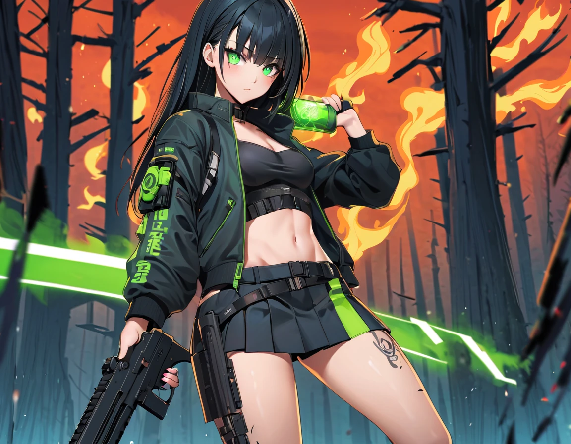 1 girl, solo, long_hair, bangs_between_the_eyes black_hair_with_shake_green, bi_color_
green_neon eyes, sexy_face, gun_in_hand, right_hand, cyberpunk_clothes, short_jacket, navel appears, short_skirt, scarred_legs, left_arm_band, tattoo_above_navel_background_of_abandoned_FOREST_EM_FLAMES_BLUE, manga_style_image .
