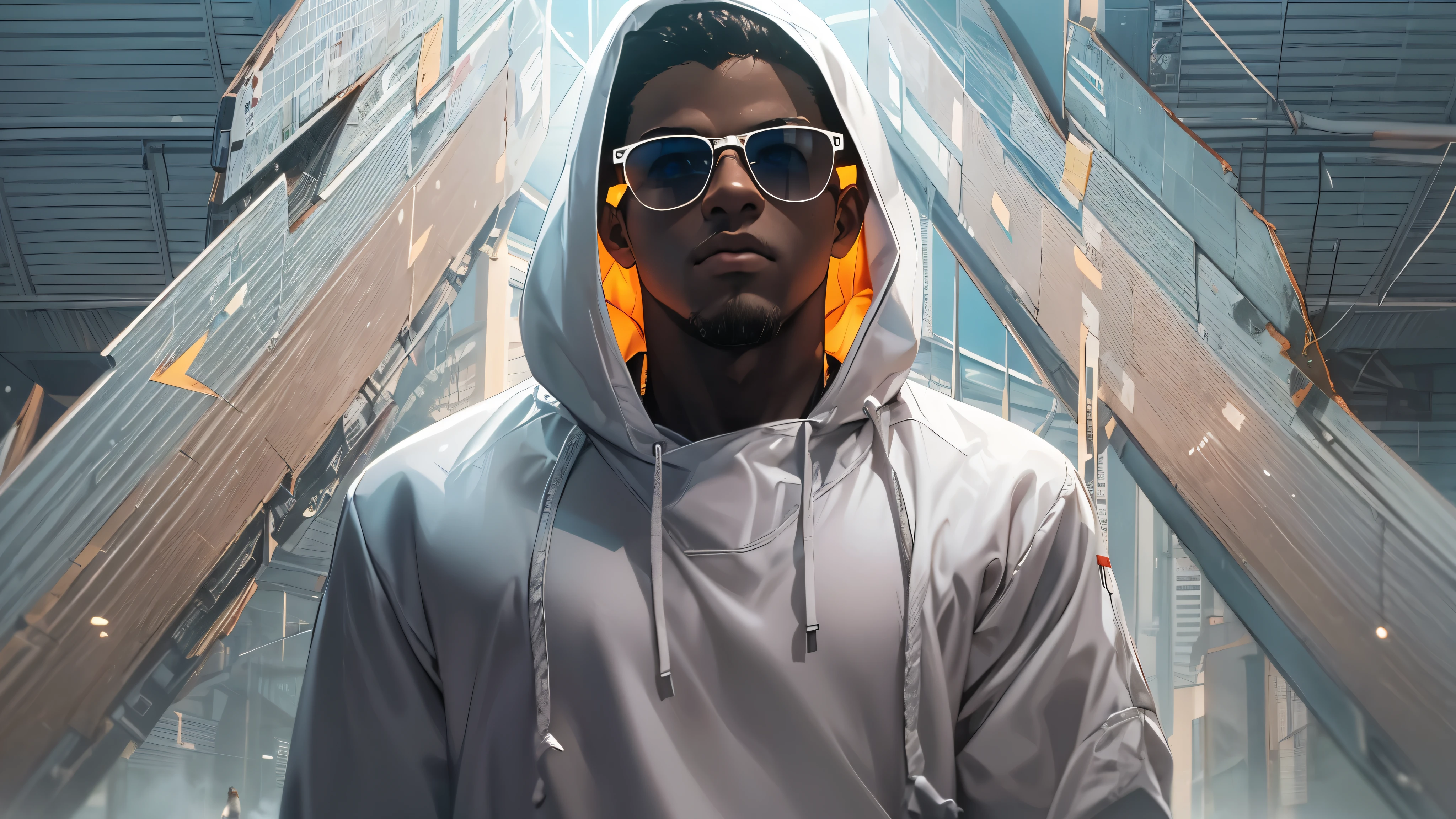 Capture the breathtaking moment as a young, dark-skinned man wearing glasses, dressed in a crisp white windbreaker hoodie, aggressively holds katana to strike from above. This RAW masterpiece showcases an ultra-high resolution, photorealistic full-body portrait, illuminated by the warm glow of sunlight. The scene is rendered in the captivating style of mecha sci-fi anime, boasting an impressive 8K resolution for the best quality imagery. Crafted with Unreal Engine 1.4, this piece features ultra-realistic 64K CG, skin texture at 1.4, and volumetric fog to add depth and atmosphere. The details are further enhanced with 8K UHD, DSLR quality, film grain, and the artistic touch of lomography. The result is a stunning blend of high-quality visuals, translucent effects, and photorealism that truly captivates the viewer.