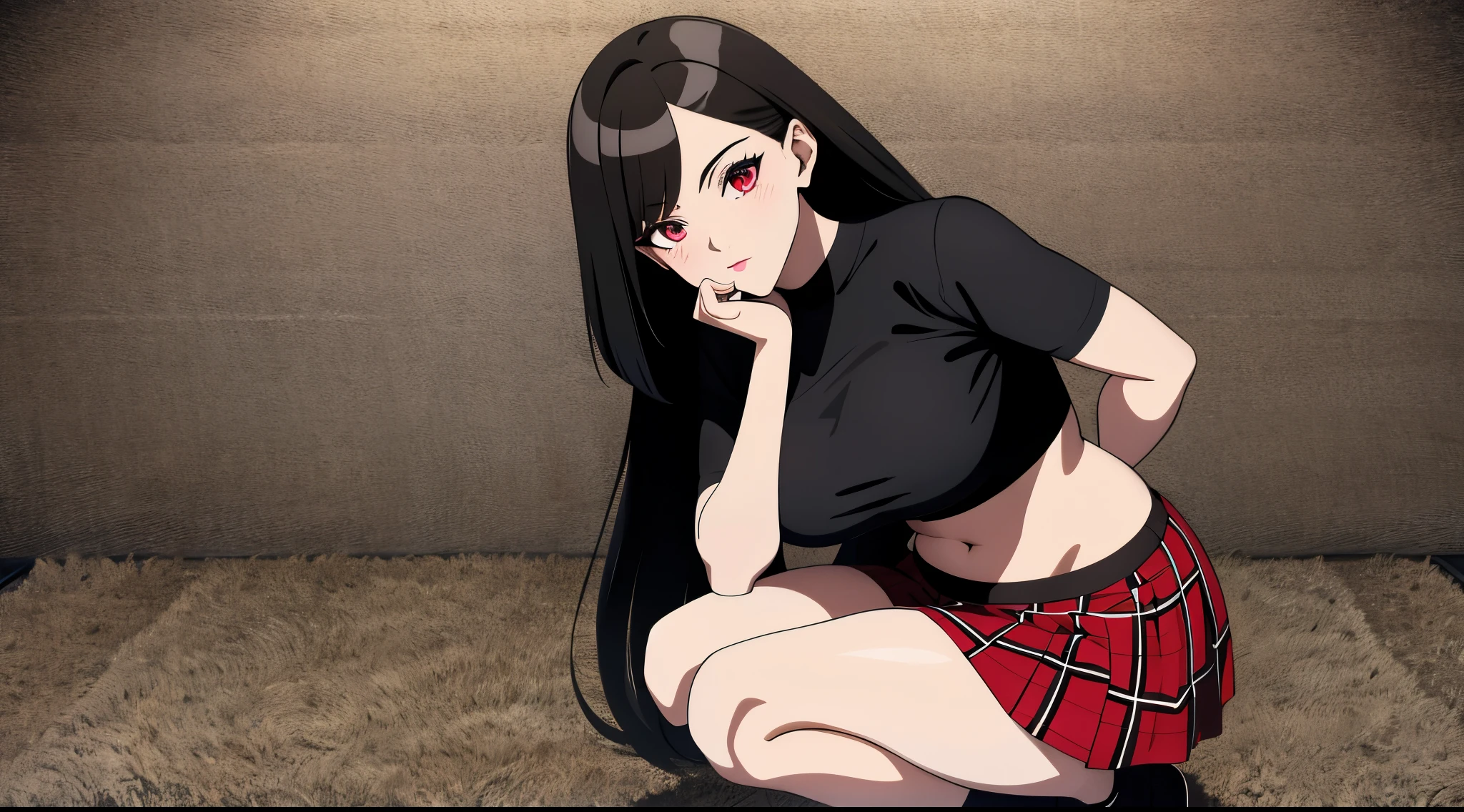 ,(masterpiece,Highest Quality),crop Top Look,Plaid mini skirt,A dark-haired,carpet, uma mulher de blusa preta e short preto deitada, seductive anime, estilo de anime ecchi, beautiful anime squatting, Oppai, garota com top preto