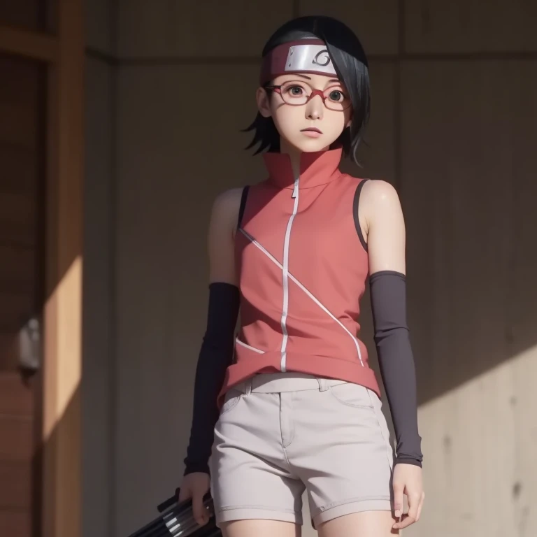 1 girl, bottom, standing, Sarada Uchiha, 18 years old, Cups, Black thighs, arm warmers, forehead protector, shorts, short hair, medium chest, black eyes, small hips, small ass, anime screenshot ,Sarada, 18 years old, mature appearance