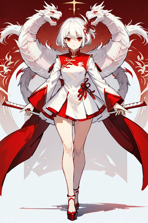 white hair，red eyes，white clothes red clothes，Short skirt，High heel，The body is surrounded by a white Chinese dragon。Long knife in hand，Standing posture，for the audience。