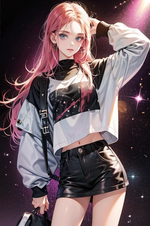 a girl in a night place ((Many stars in the sky and a full pink moon)), with long straight hair ((black and white hair)), pink eyes very shiny, very pale skin wwit, body with medium breasts and thick thighs, wearing a black sweatshirt dress with a pink moon design on the back and white tights, with pointy ears and black dragon horns