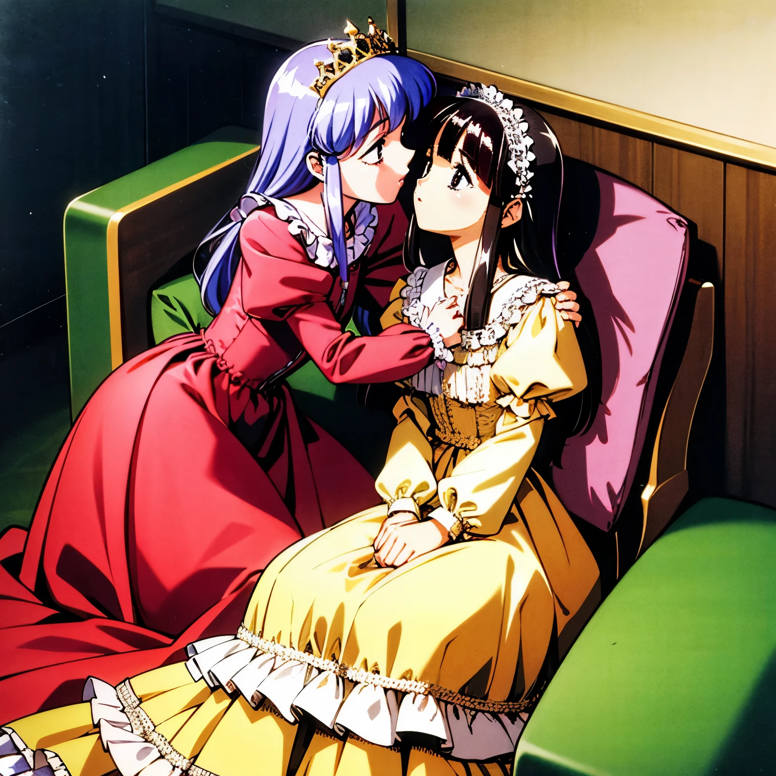 highest quality, masterpiece, highest resolution, artwork, super それにget used to it, many get used to it, get used to it, それにget used to it, woman, 10 years old,the two girls are princesses,pink victorian voluminous ball gown dress,long sleeve,long dress,A dress with lots of frills and ribbons..wears a tiara on the head,luxury,Tzu-kiss,inside the palace bedroom,後ろにluxuryな天蓋ベッド,