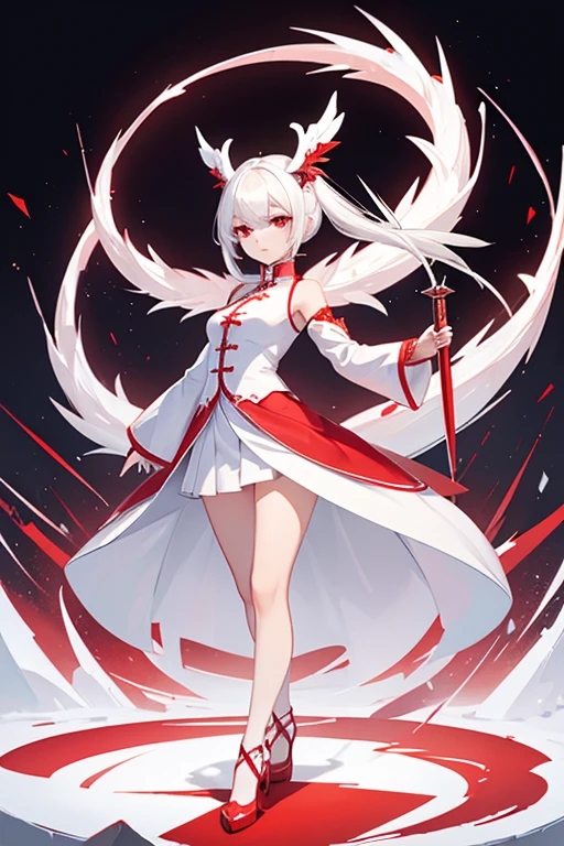 white hair，red eyes，white clothes red clothes，Short skirt，High heel，The body is surrounded by a white Chinese dragon。Long knife in hand，Standing posture，for the audience。