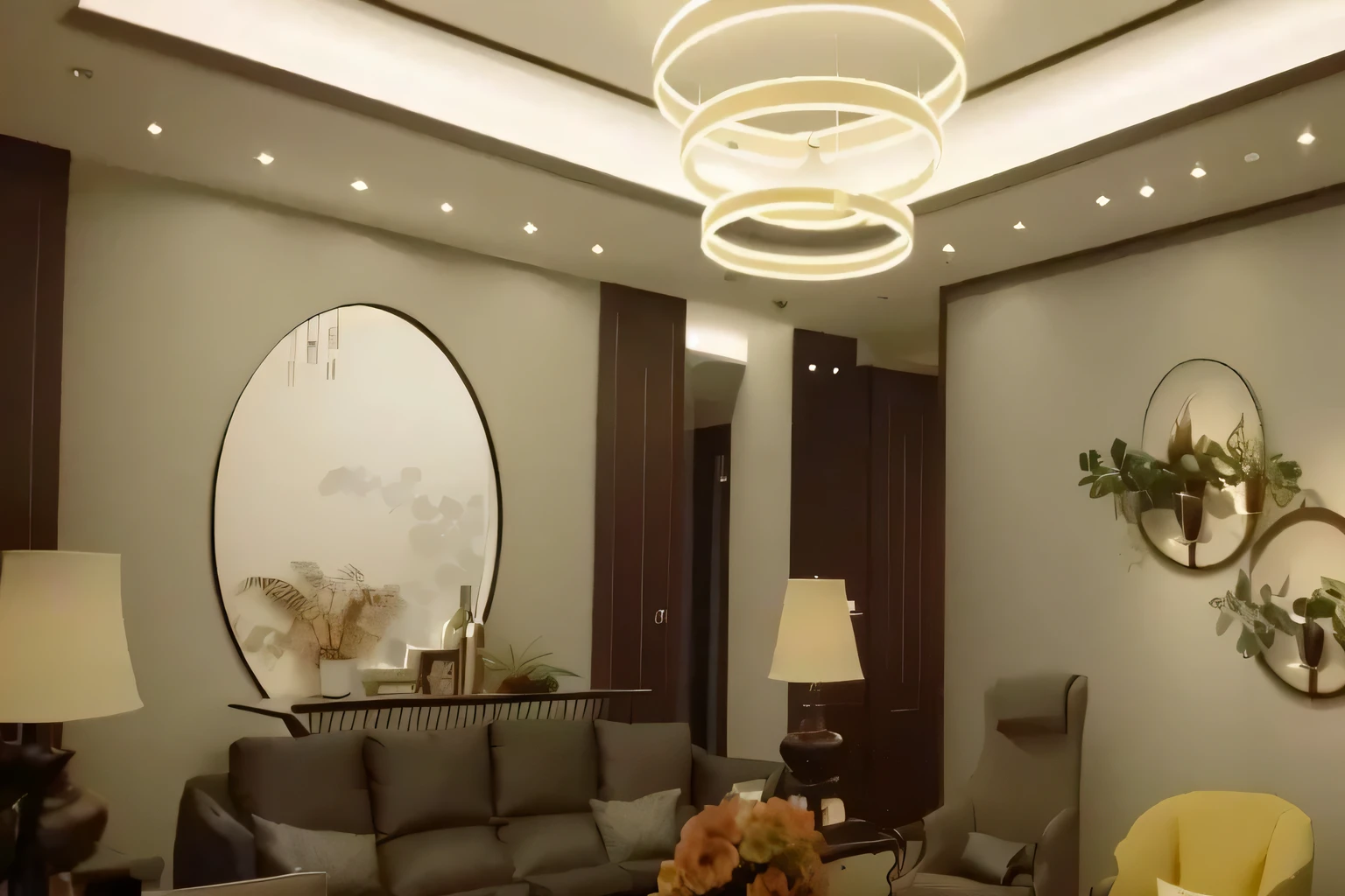 simple wall，no wall decoration，Accent lighting, volumetric indoor lighting, indoor lighting, Surrounding LED lights, Artificial warm lighting, Top ambient lighting, Indoor warm light, Dynamic and mood lighting, Clear lights and edges, indoor lighting, Exhibition hall scene, Brightly lit style ambience, Subtle but eye-catching lighting