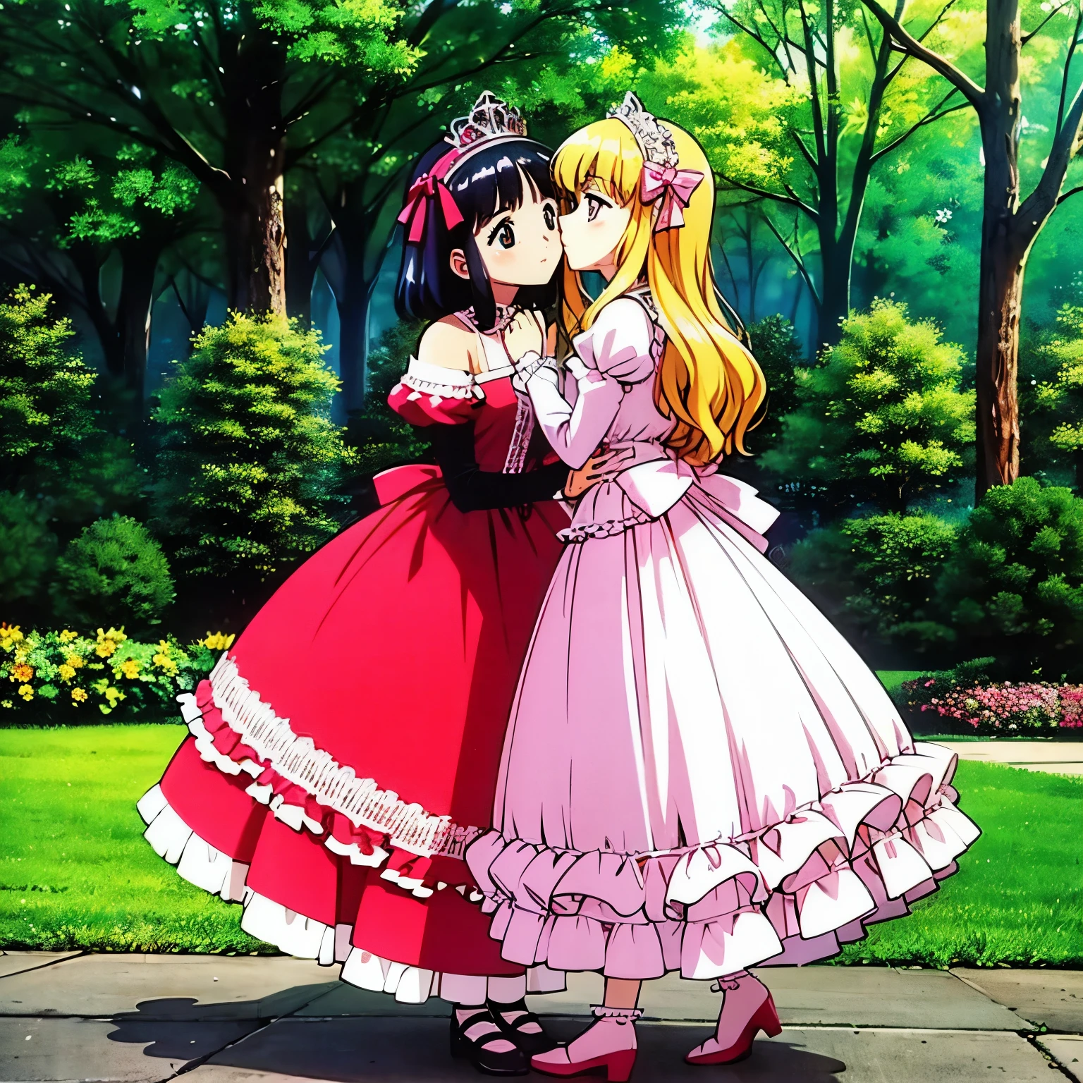 highest quality, masterpiece, highest resolution, artwork, super それにget used to it, many get used to it, get used to it, それにget used to it, woman, ,the two girls are princesses,pink victorian voluminous ball gown dress,long sleeve,long dress,A dress with lots of frills and ribbons..wears a tiara on the head,luxury,two people kiss,