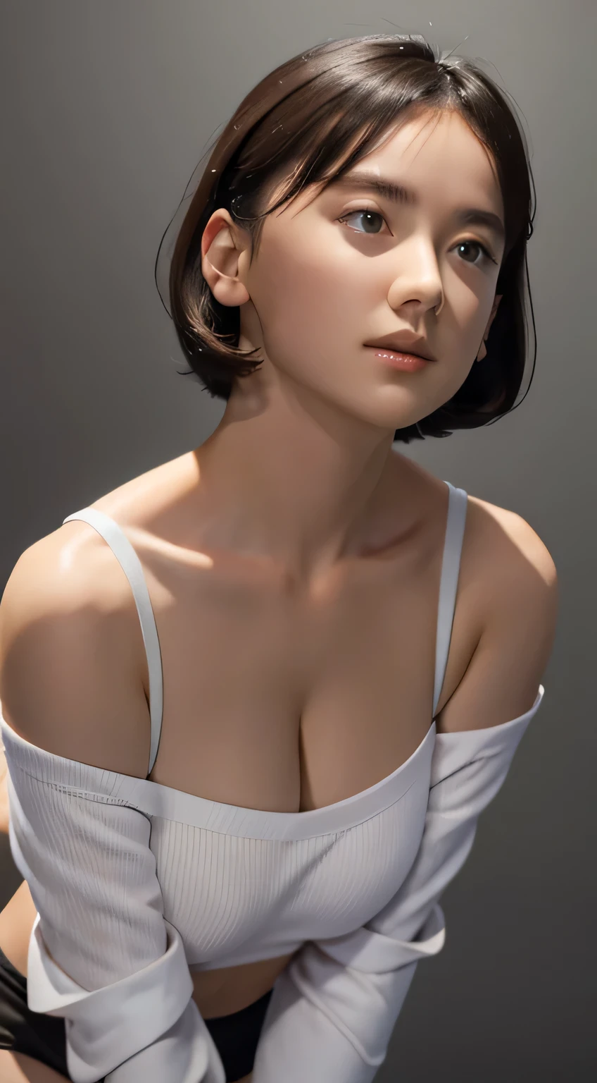 16k super high image quality、looking at the viewer, cinematic lighting, perfection, soft light, high resolution skins:1.2, realistic skin texture, 20 year old mature woman、small face、no makeup、off shoulder,Bust B Cup、 exposed cleavage, small breasts、short hair, dark brown hair、leggings、good for sports、full nude、gray background