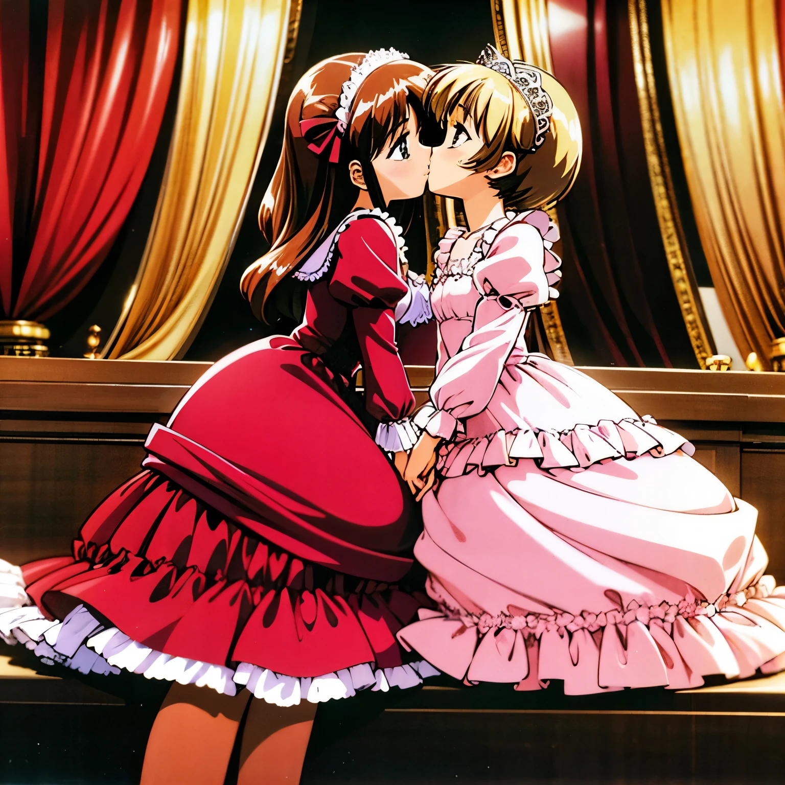 highest quality, masterpiece, highest resolution, artwork, super それにget used to it, many get used to it, get used to it, それにget used to it, woman, ,the two girls are princesses,pink victorian voluminous ball gown dress,long sleeve,long dress,A dress with lots of frills and ribbons..wears a tiara on the head,luxury,two people kiss,